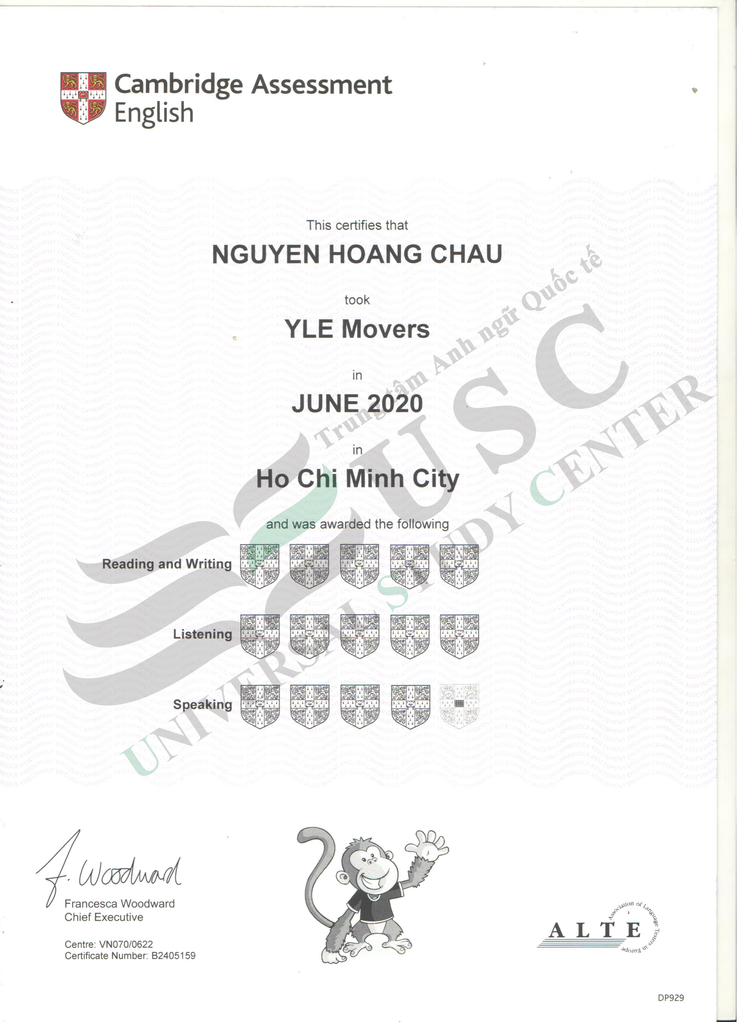 CHÚC MỪNG EM NGUYỄN HOÀNG CHÂU ĐẠT 14 KHIÊN TRONG KỲ THI MOVERS