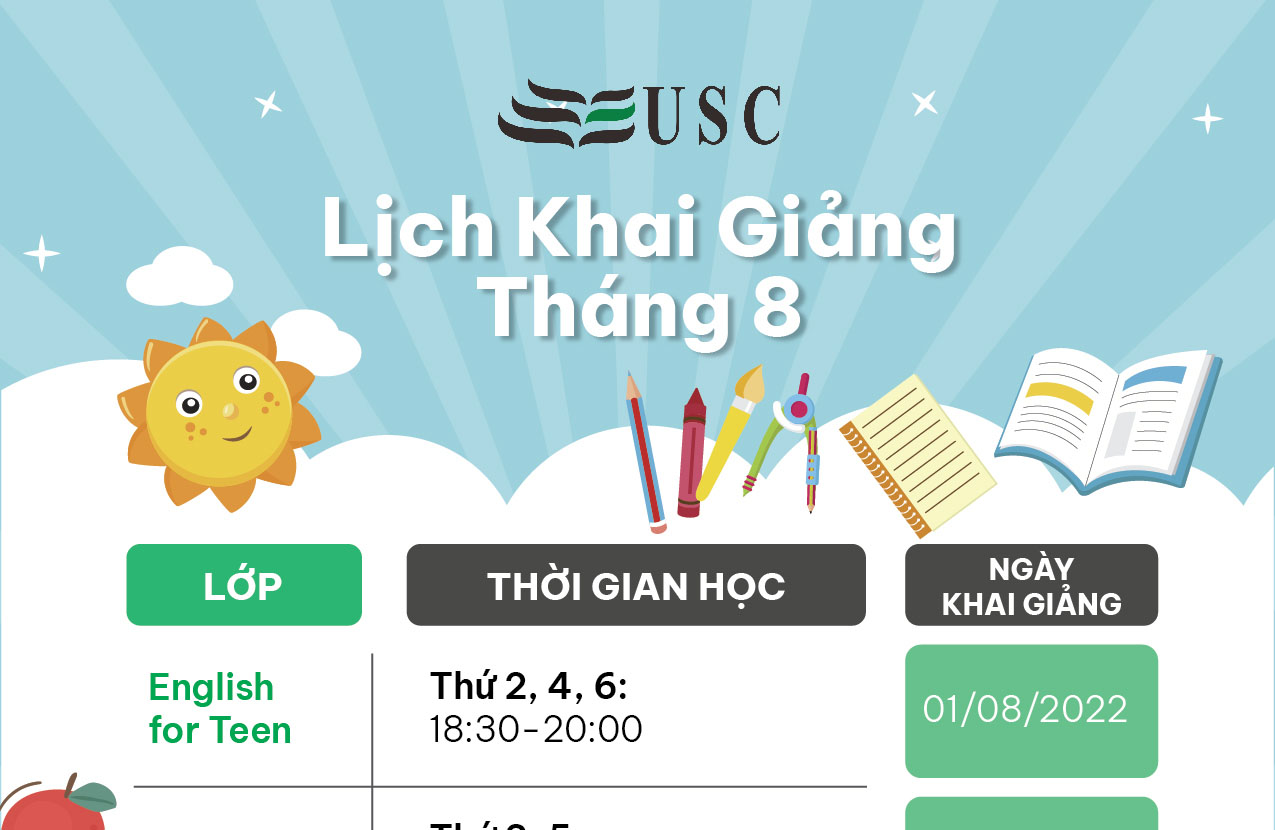 LỊCH KHAI GIẢNG KHÓA HỌC TIẾNG ANH THÁNG 08/2022