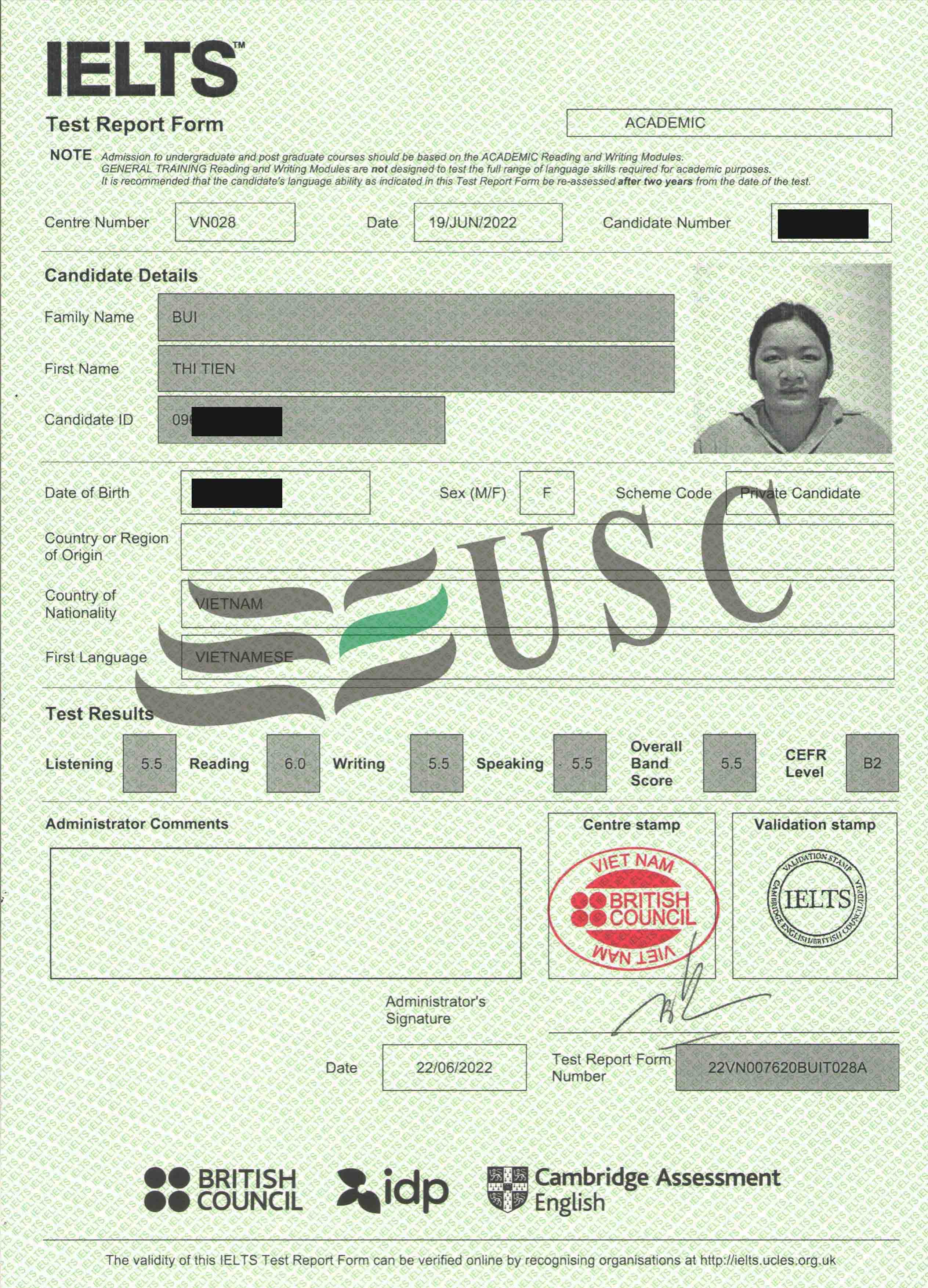 CHÚC MỪNG HỌC VIÊN BÙI THỊ TIỀN ĐẠT 5.5 IELTS