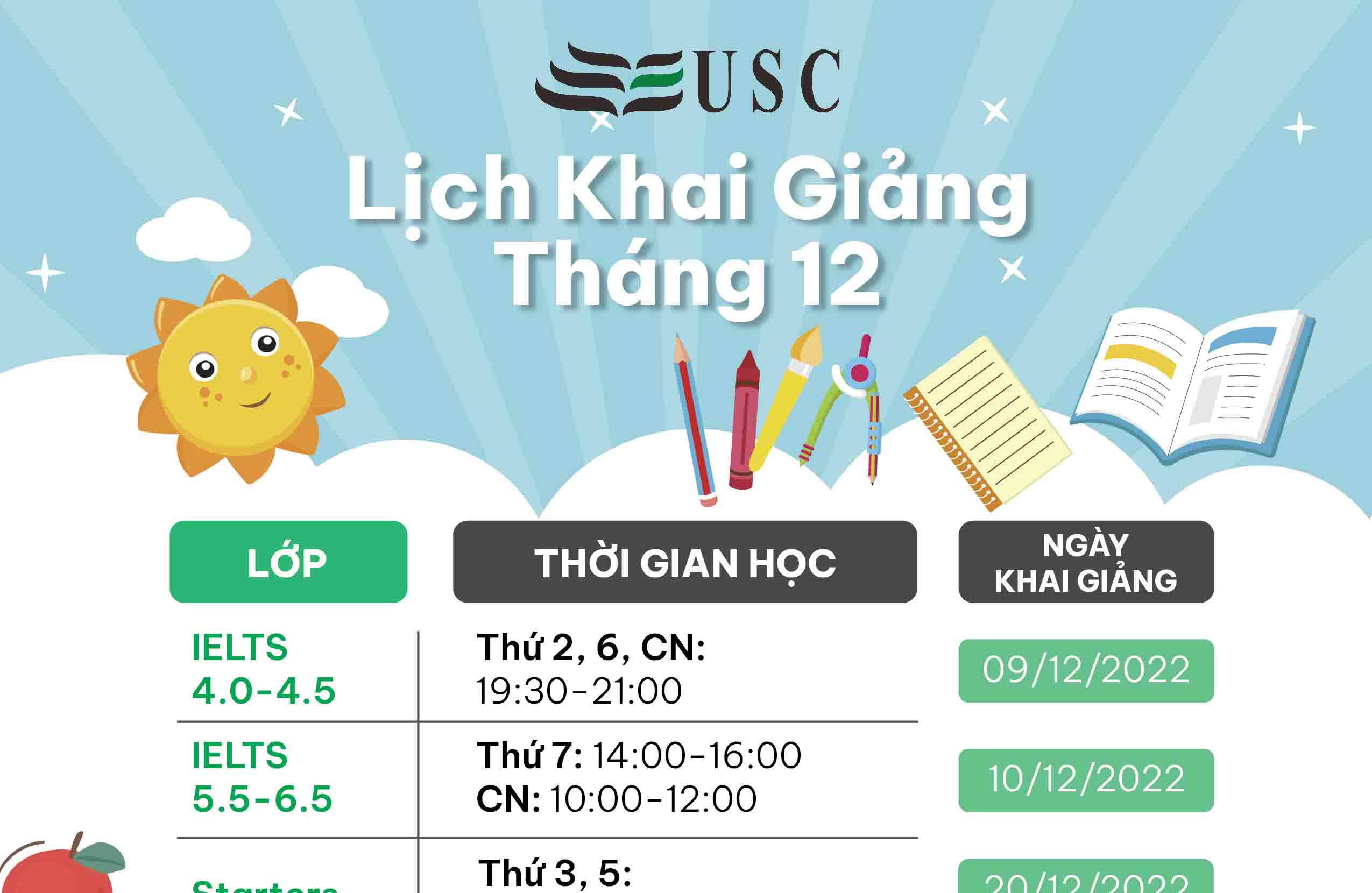 LỊCH KHAI GIẢNG KHÓA HỌC TIẾNG ANH THÁNG 12/2022