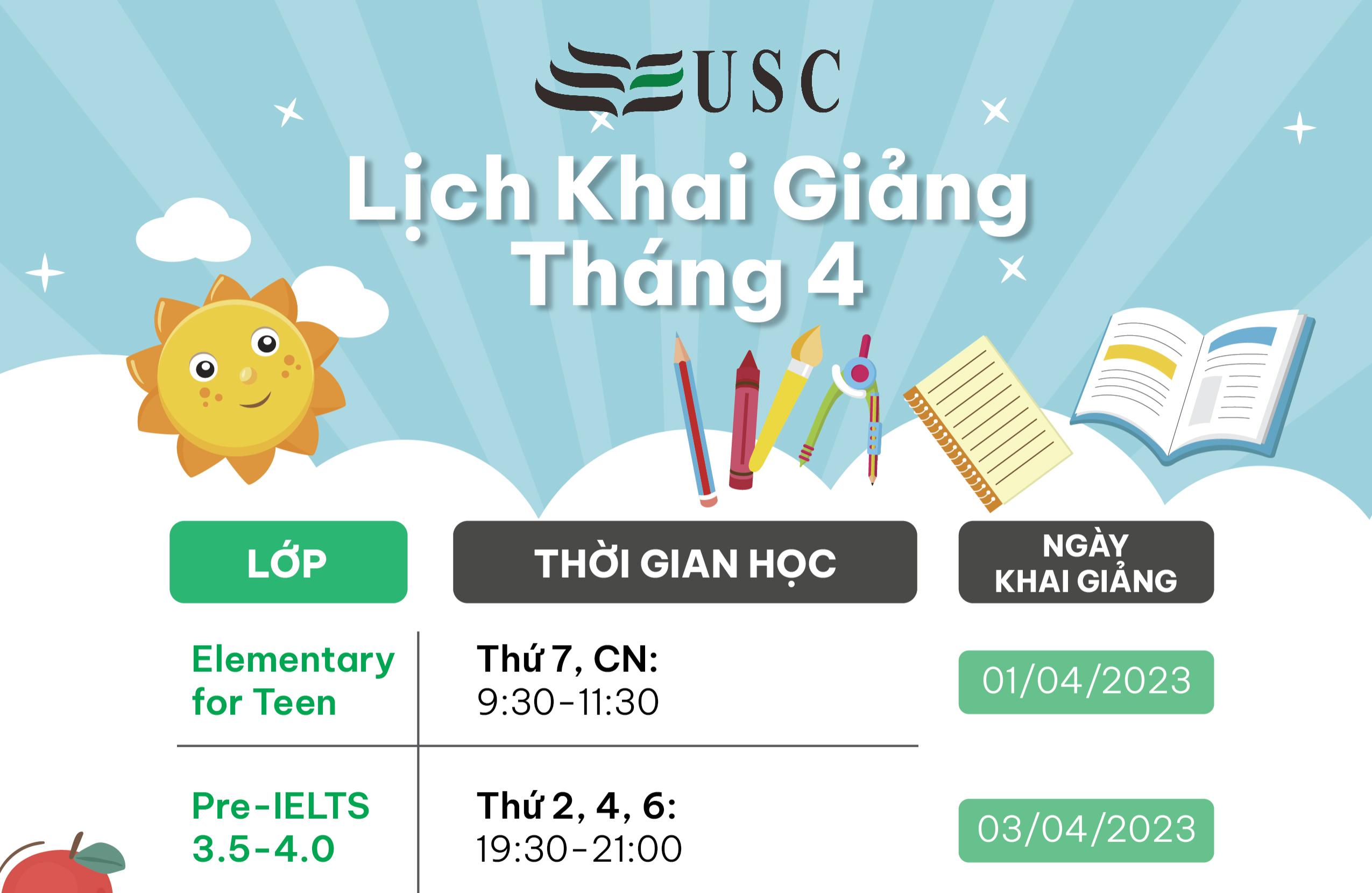 LỊCH KHAI GIẢNG KHÓA HỌC TIẾNG ANH THÁNG 04/2023