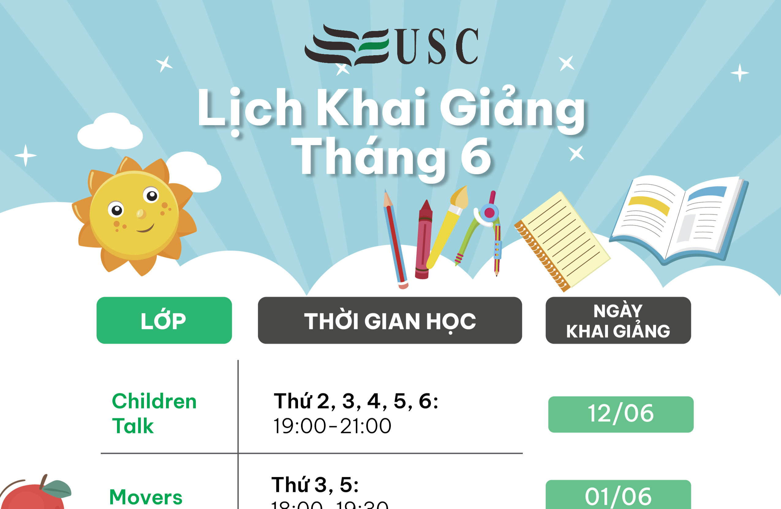 LỊCH KHAI GIẢNG KHÓA HỌC TIẾNG ANH THÁNG 06/2023