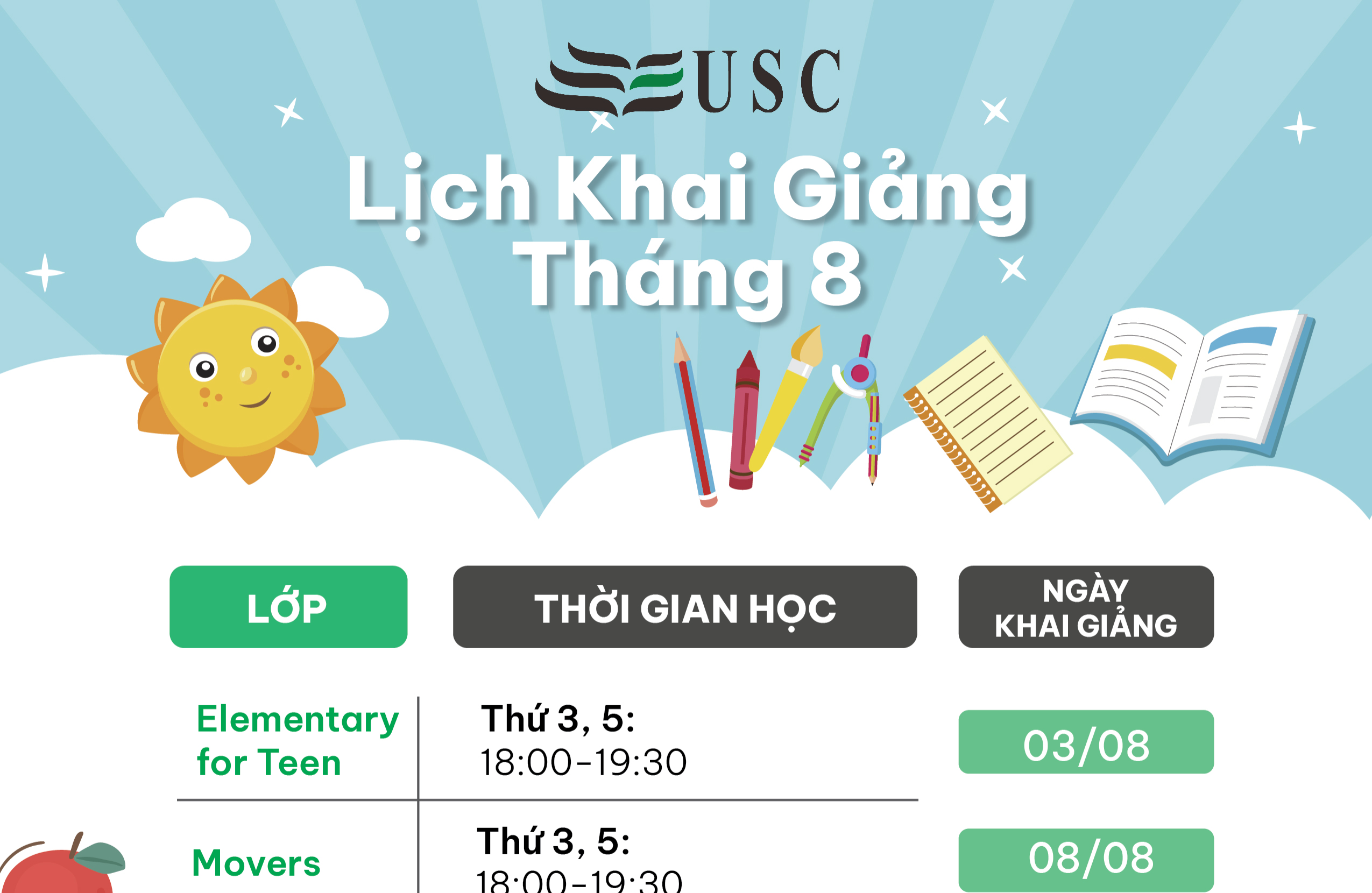 LỊCH KHAI GIẢNG KHÓA HỌC TIẾNG ANH THÁNG 08/2023