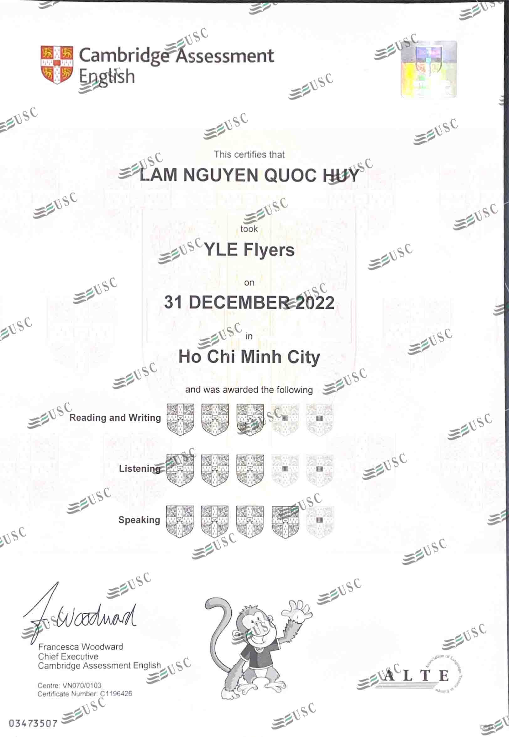 CHÚC MỪNG EM LÂM NGUYỄN QUỐC HUY ĐÃ ĐẠT 10 KHIÊN TRONG KỲ THI FLYERS