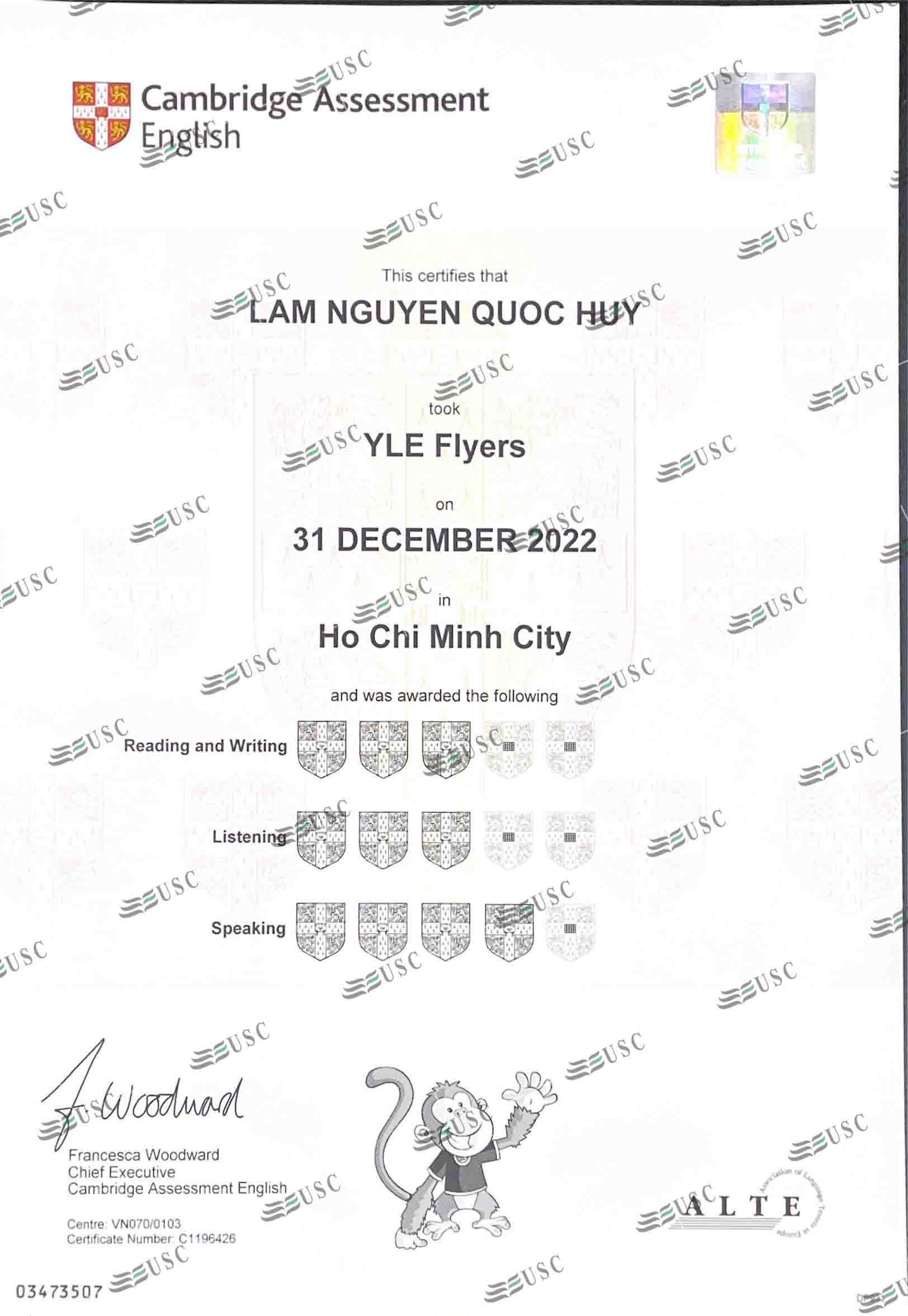 CHÚC MỪNG EM LÂM NGUYỄN QUỐC HUY ĐÃ ĐẠT 10 KHIÊN TRONG KỲ THI FLYERS