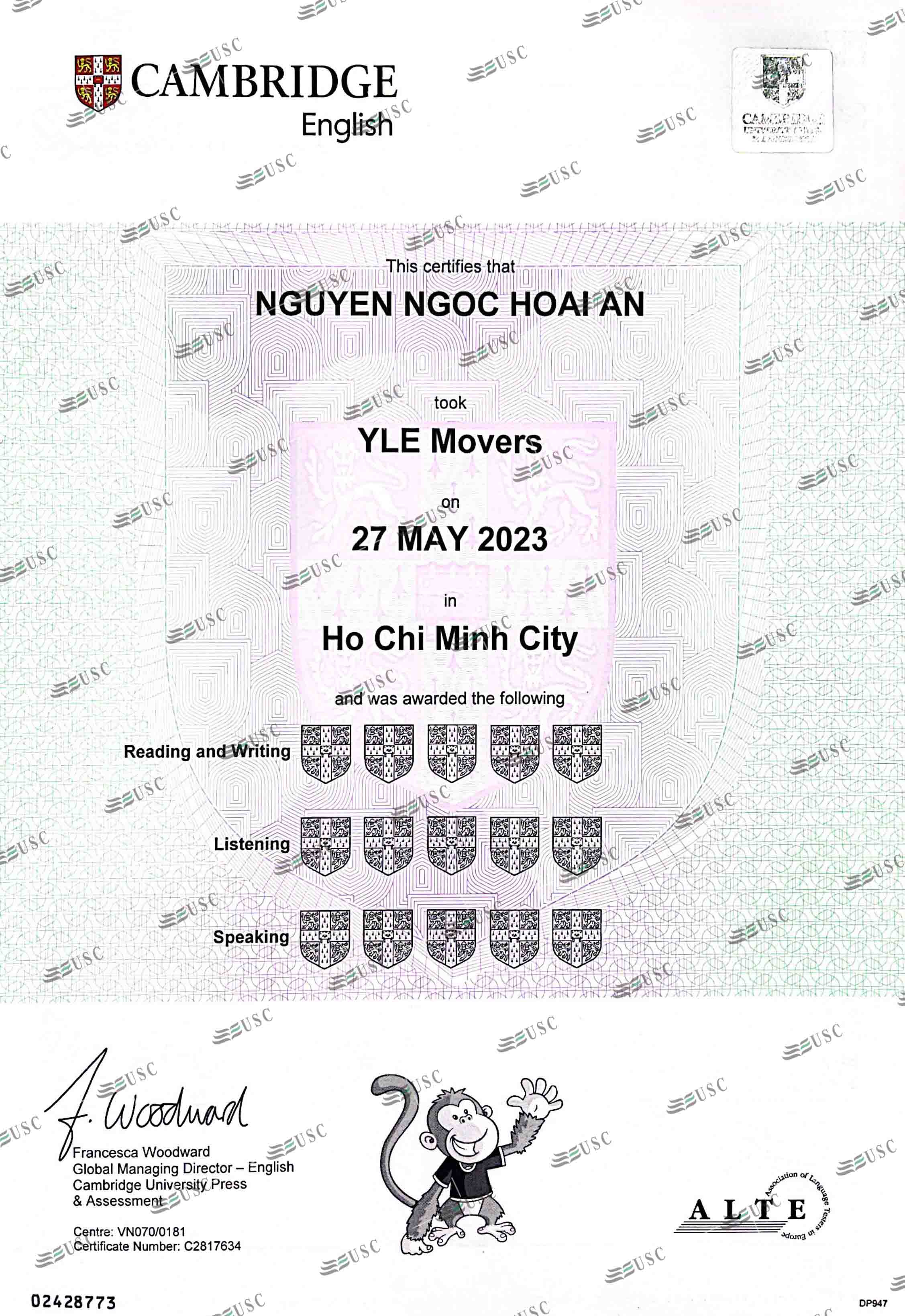 CHÚC MỪNG EM NGUYỄN NGỌC HOÀI AN ĐẠT TỐI ĐA 15 KHIÊN TRONG KỲ THI MOVERS