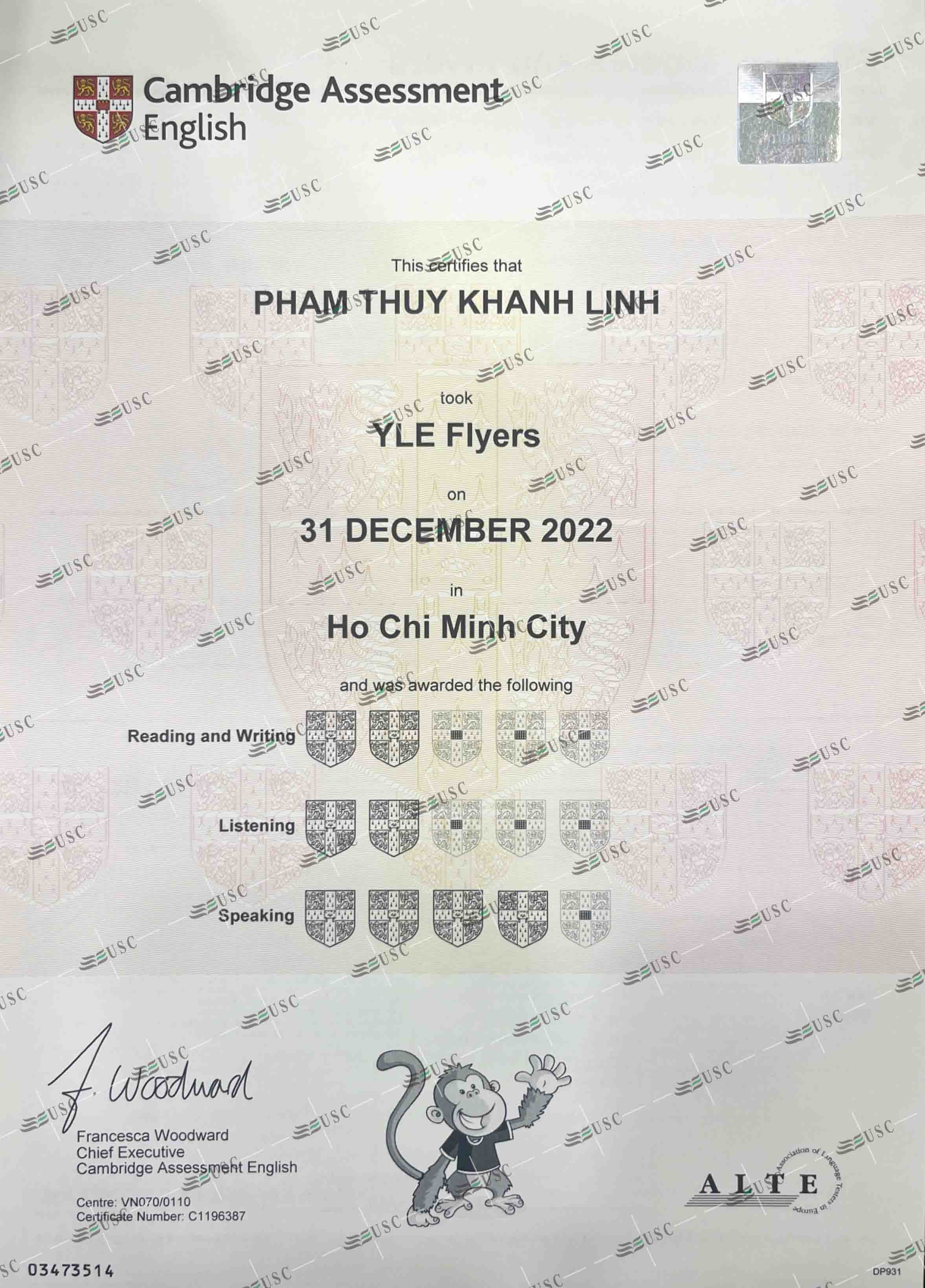 CHÚC MỪNG EM PHẠM THÙY KHÁNH LINH ĐÃ ĐẠT 08 KHIÊN TRONG KỲ THI FLYERS