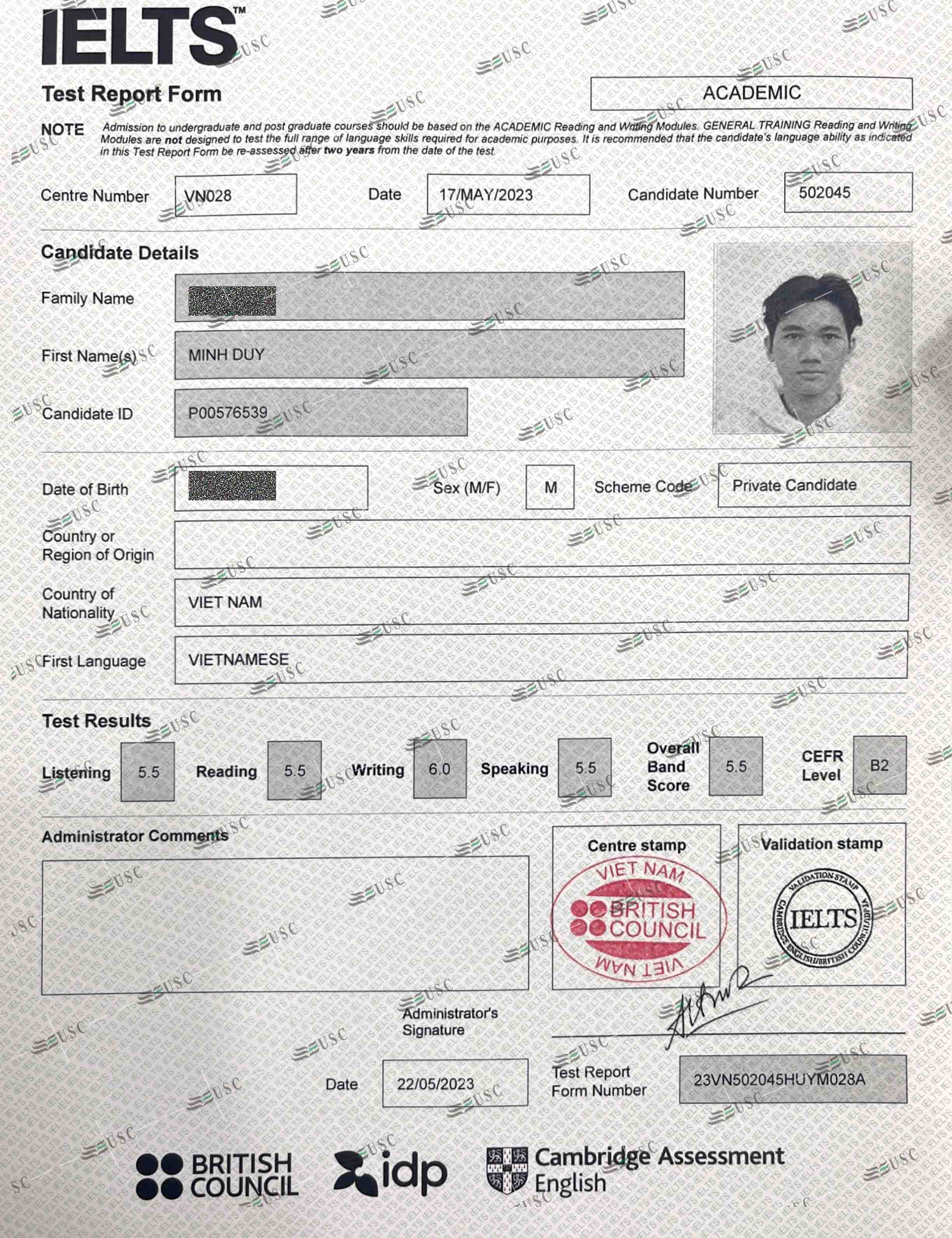 CHÚC MỪNG HỌC VIÊN HUỲNH MINH DUY ĐẠT 5.5 IELTS