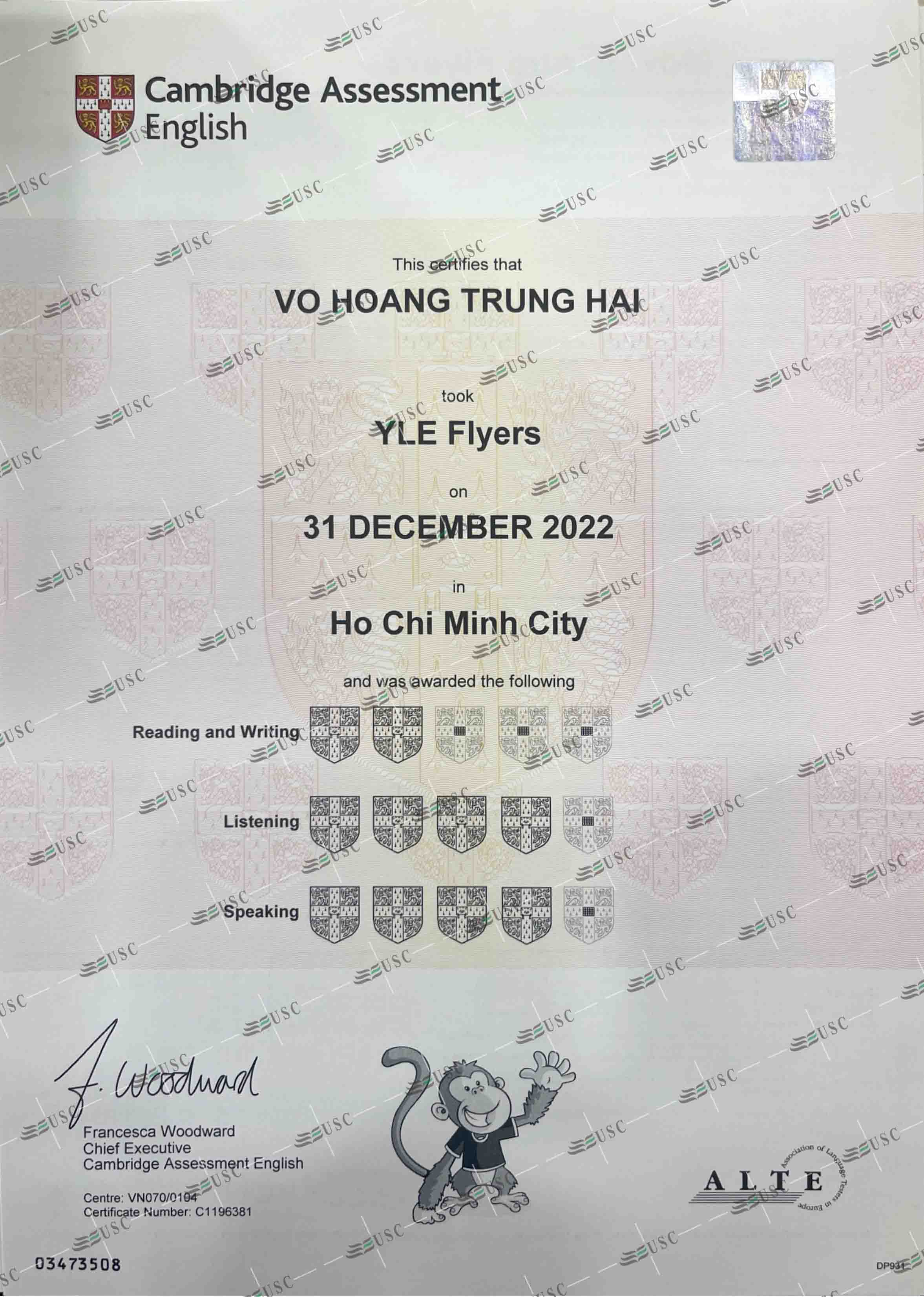 CHÚC MỪNG EM VÕ HOÀNG TRUNG HẢI ĐÃ ĐẠT 10 KHIÊN TRONG KỲ THI FLYERS