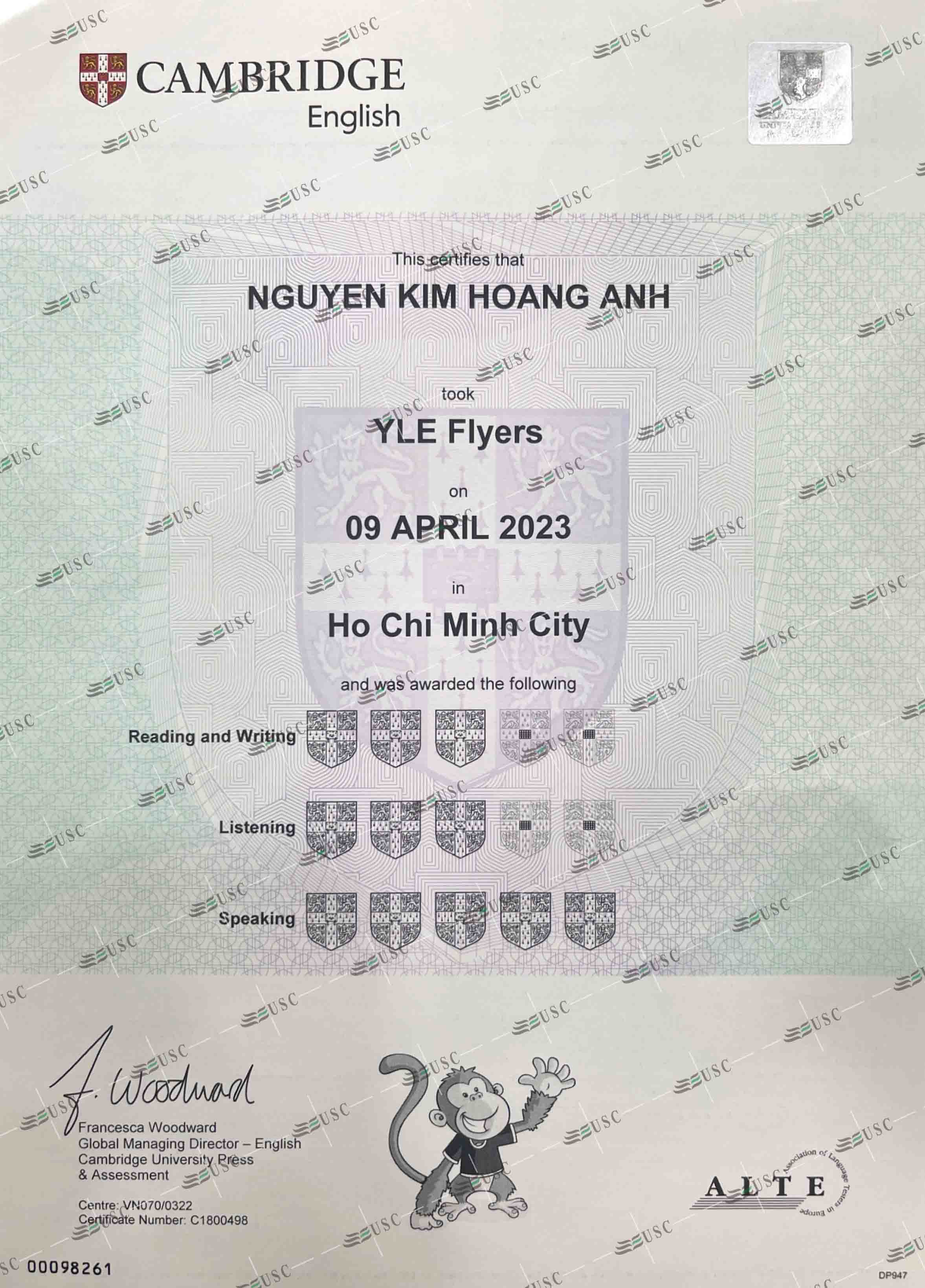 CHÚC MỪNG EM NGUYỄN KIM HOÀNG ANH ĐÃ ĐẠT 11 KHIÊN TRONG KỲ THI FLYERS