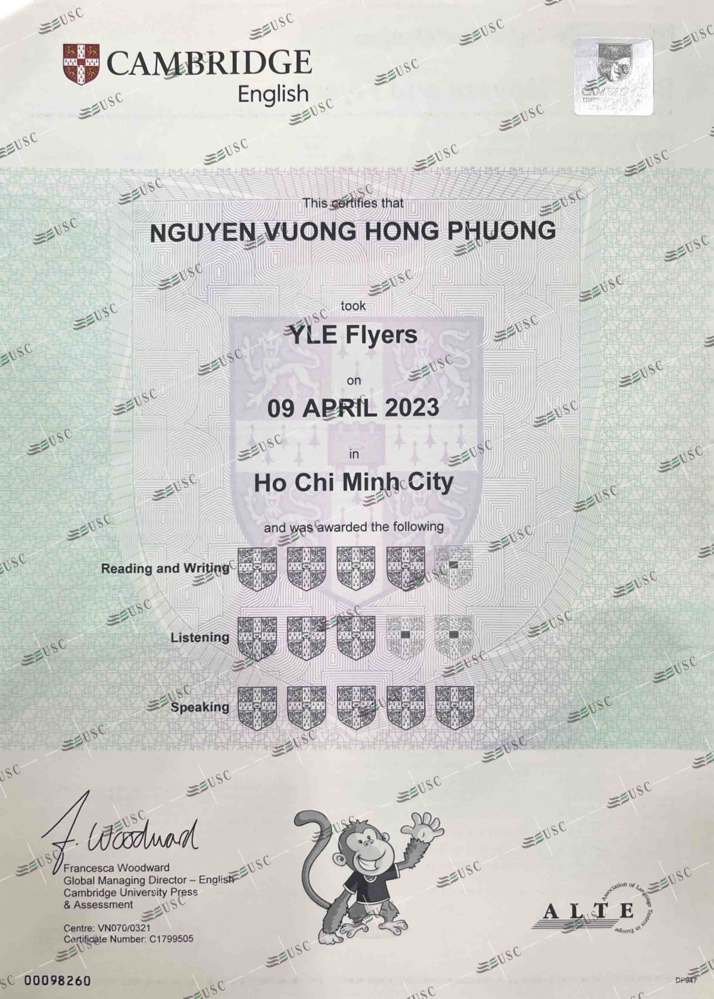 CHÚC MỪNG EM NGUYỄN VƯƠNG HỒNG PHƯƠNG ĐÃ ĐẠT 12 KHIÊN TRONG KỲ THI FLYERS