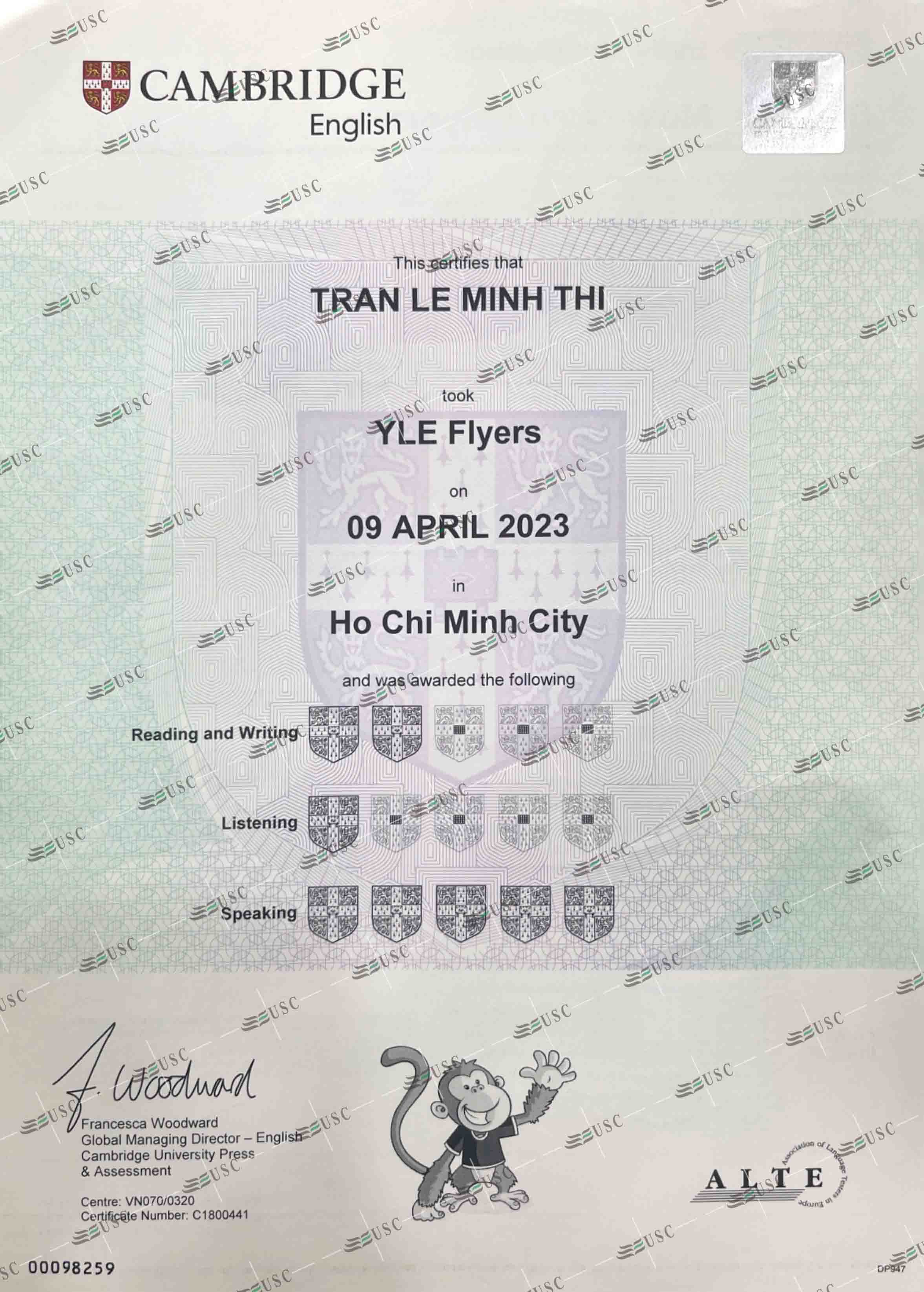 CHÚC MỪNG EM TRẦN LÊ MINH THI ĐÃ ĐẠT 08 KHIÊN TRONG KỲ THI FLYERS