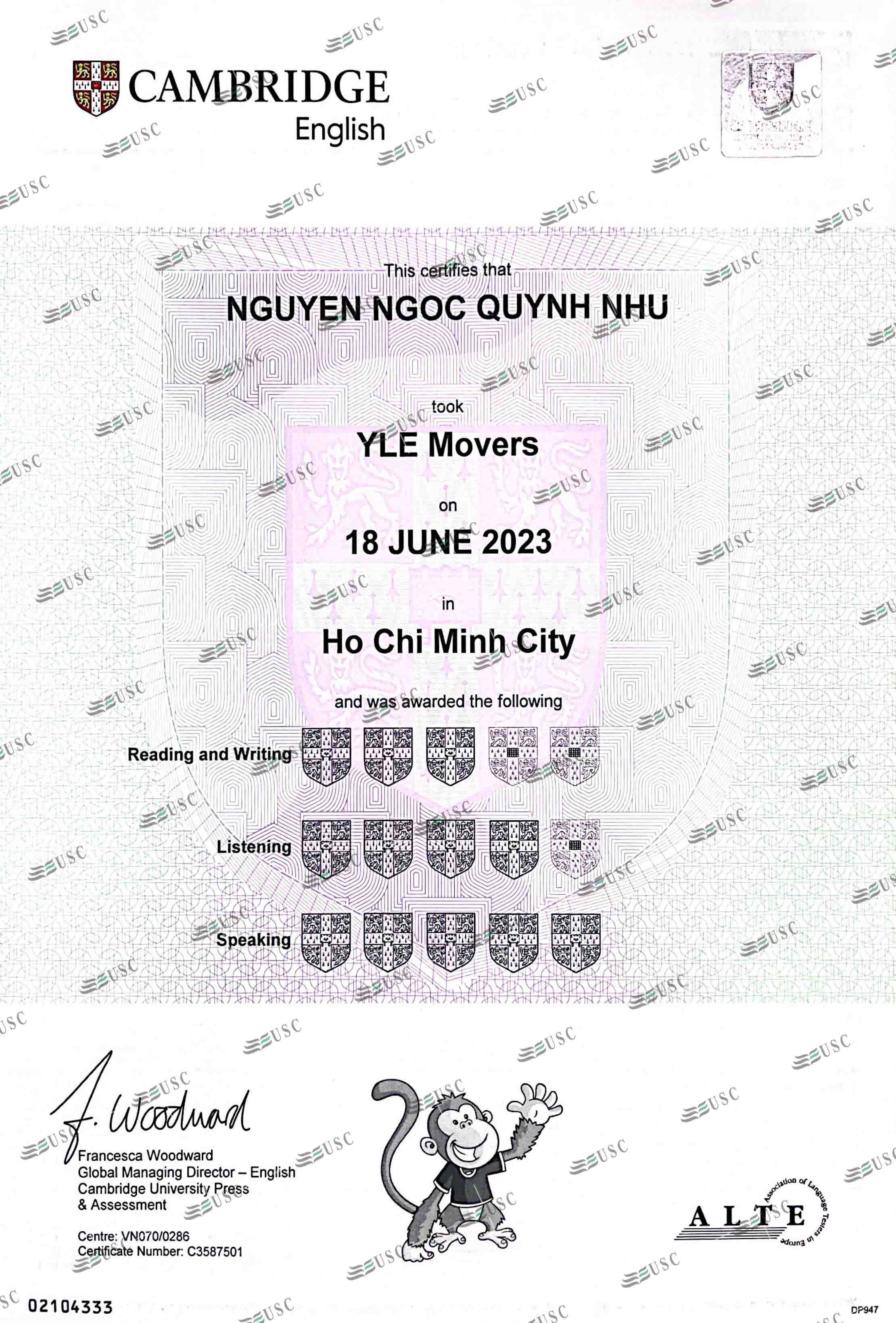 CHÚC MỪNG EM NGUYỄN NGỌC QUỲNH NHƯ ĐÃ ĐẠT 12 KHIÊN TRONG KỲ THI MOVERS