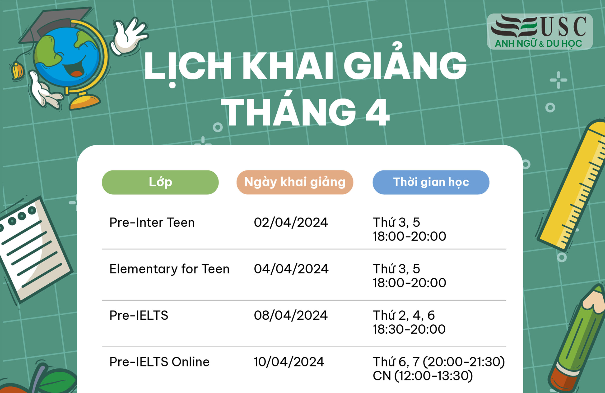 LỊCH KHAI GIẢNG KHÓA HỌC TIẾNG ANH THÁNG 04/2024