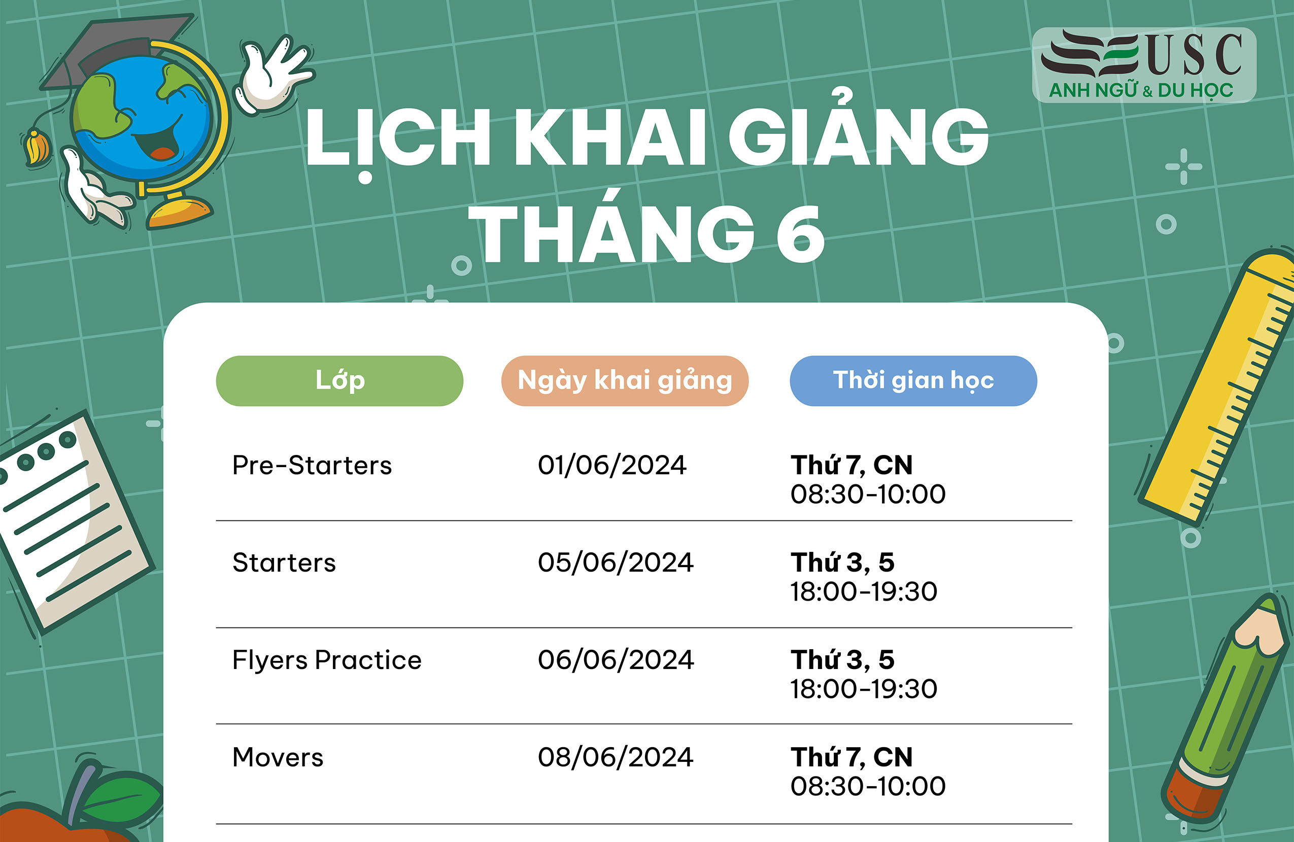 LỊCH KHAI GIẢNG KHÓA HỌC TIẾNG ANH THÁNG 06/2024