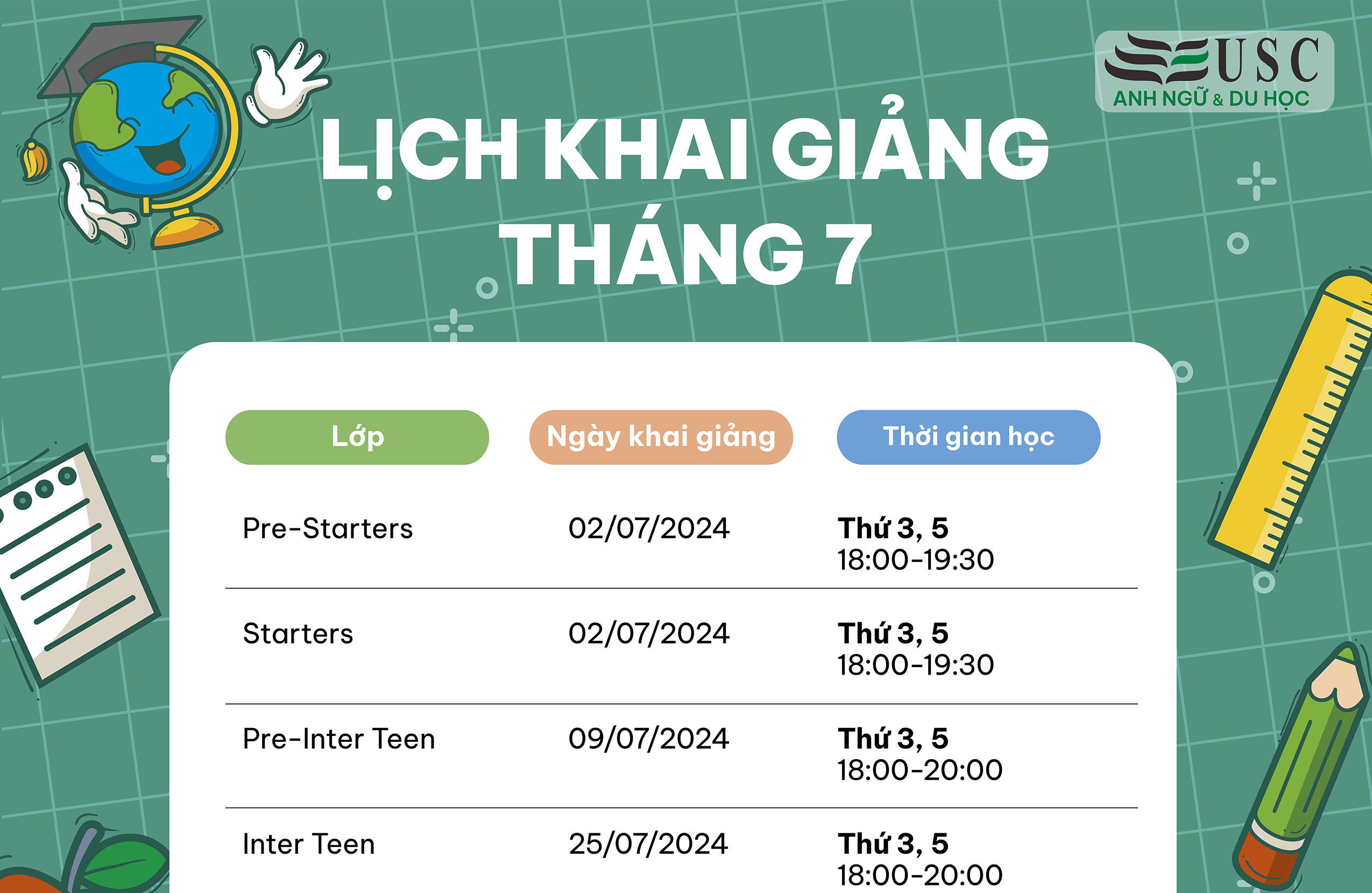 LỊCH KHAI GIẢNG KHÓA HỌC TIẾNG ANH THÁNG 07/2024