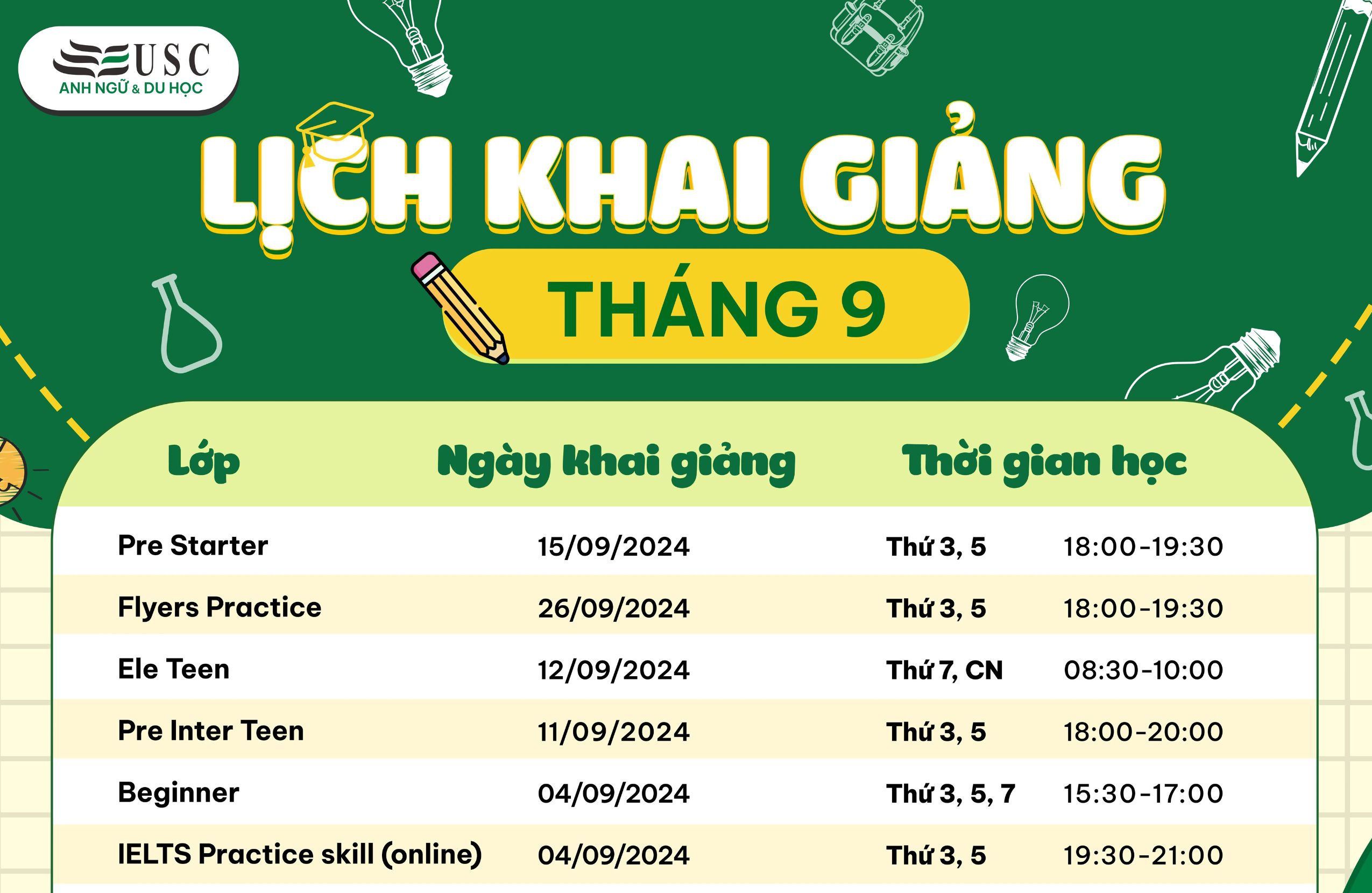 LỊCH KHAI GIẢNG KHÓA HỌC TIẾNG ANH THÁNG 09/2024