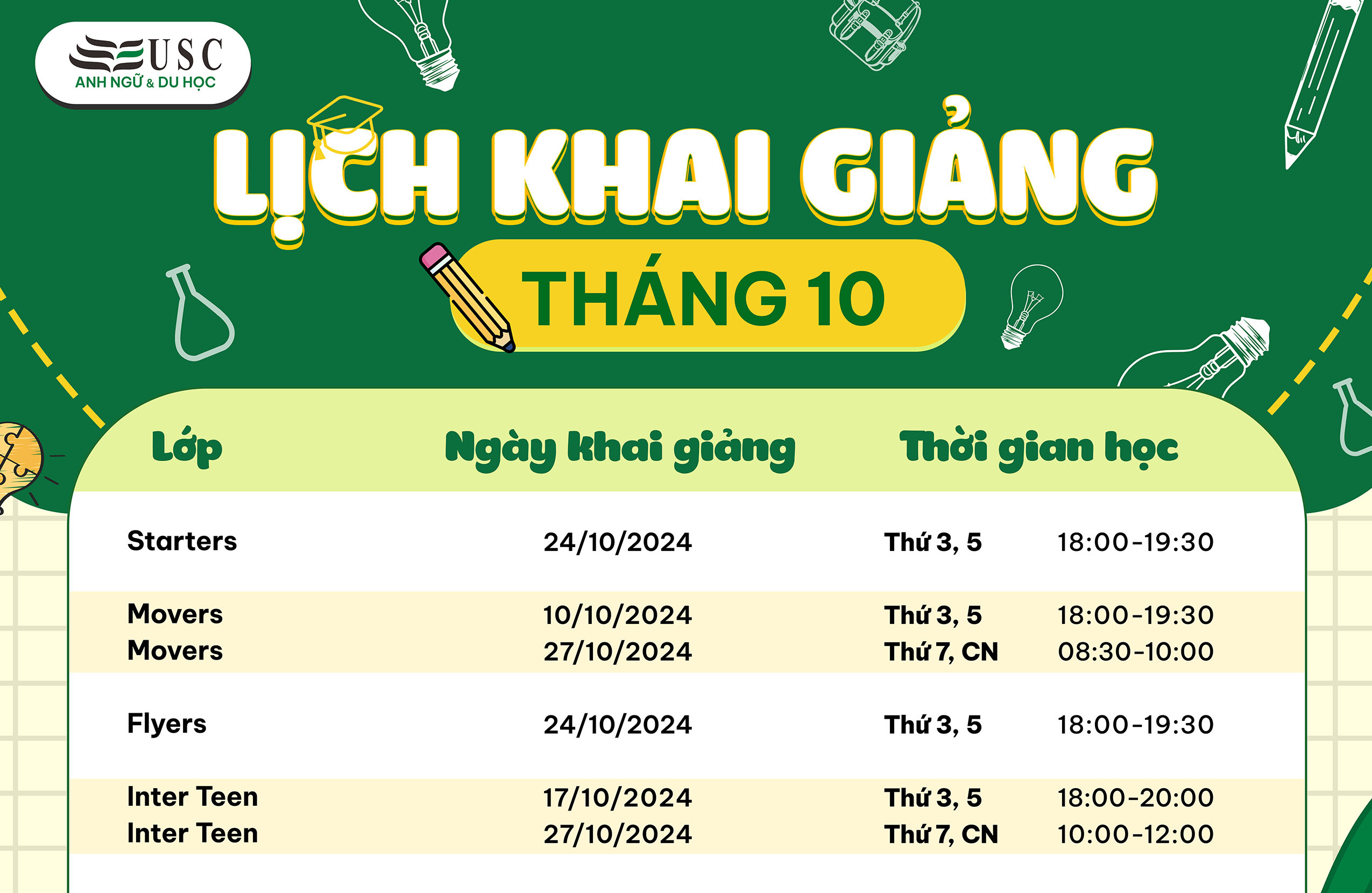 LỊCH KHAI GIẢNG KHÓA HỌC TIẾNG ANH THÁNG 10/2024