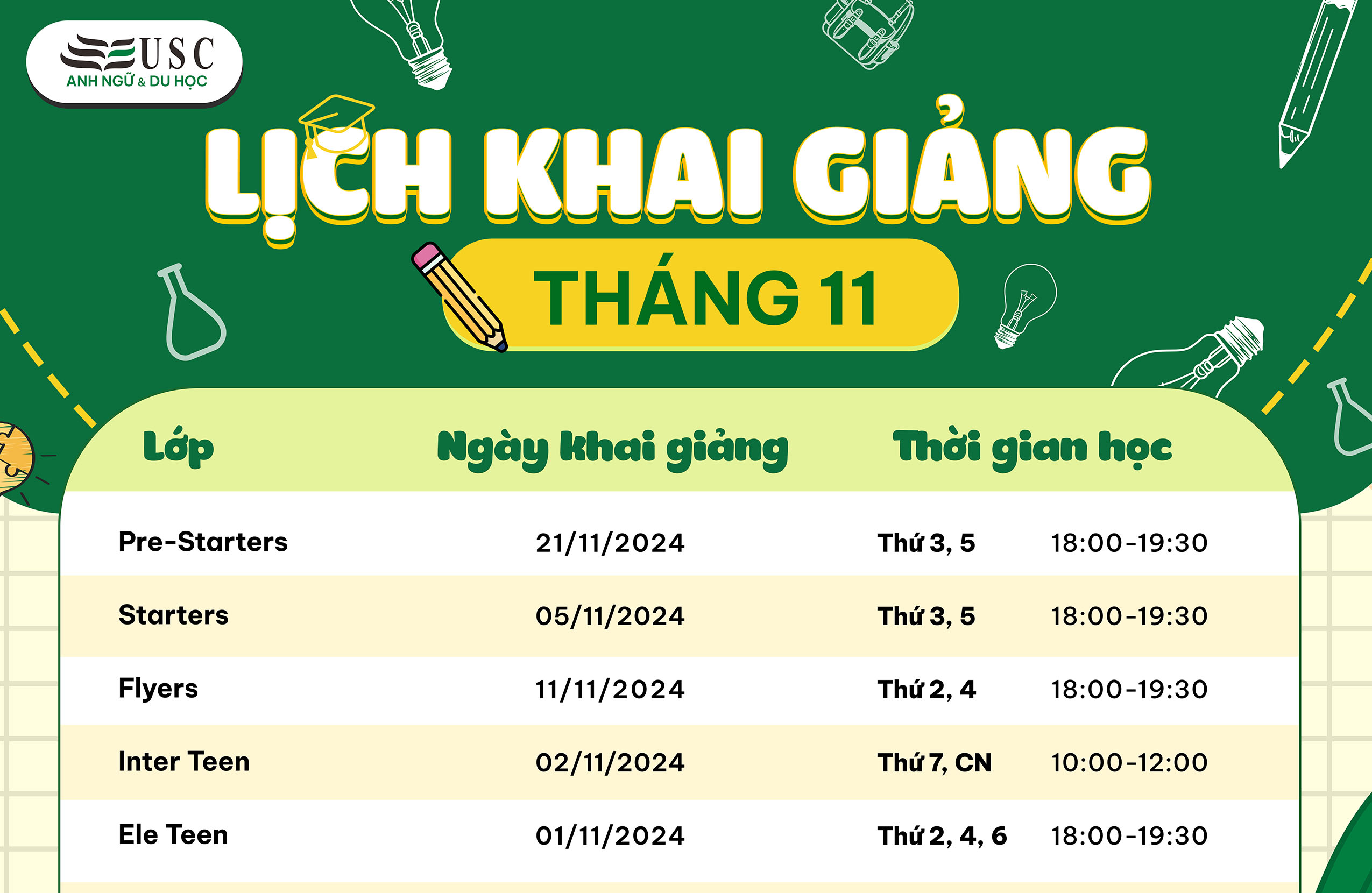 LỊCH KHAI GIẢNG KHÓA HỌC TIẾNG ANH THÁNG 11/2024