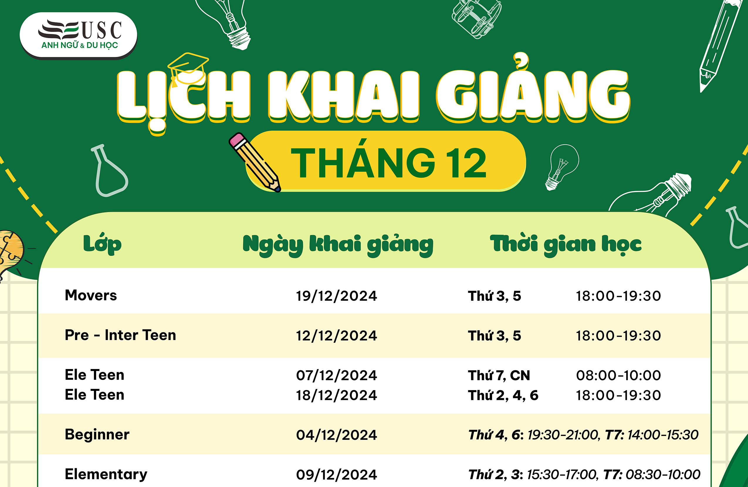 LỊCH KHAI GIẢNG KHÓA HỌC TIẾNG ANH THÁNG 12/2024