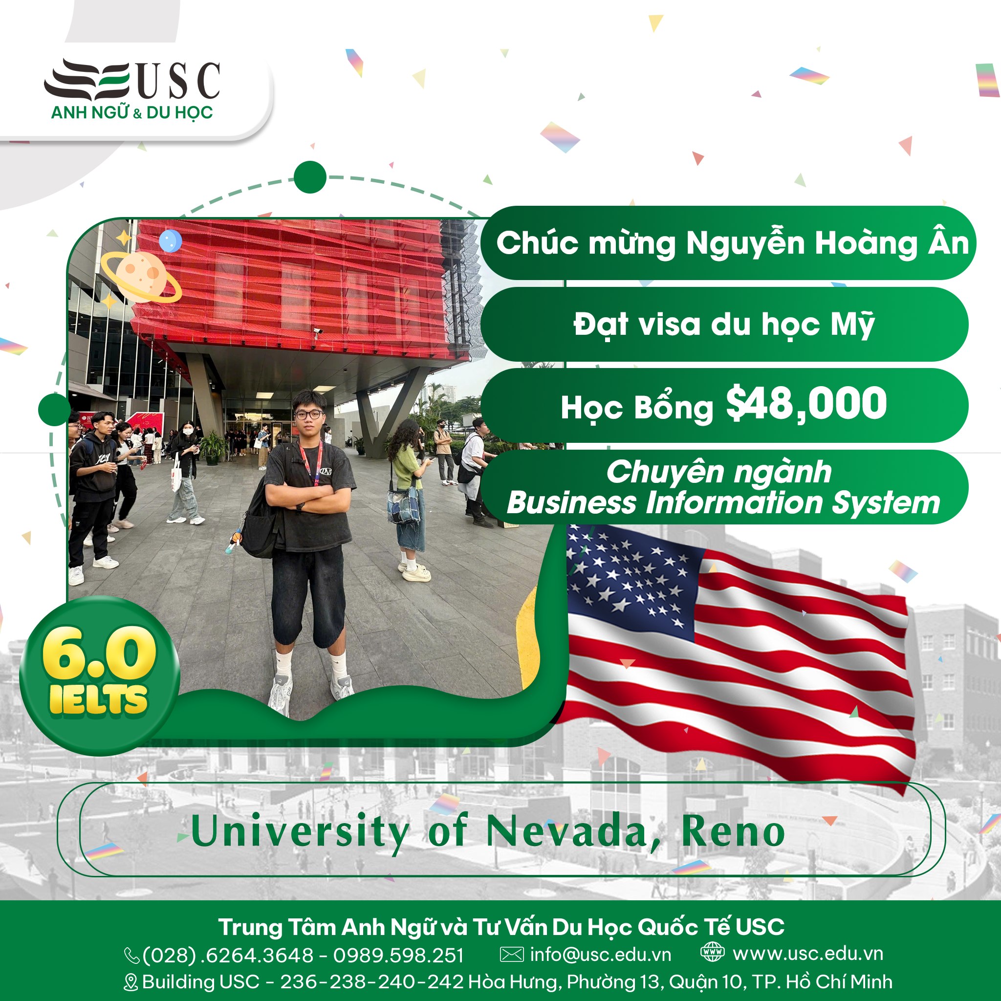 CHÚC MỪNG BẠN NGUYỄN HOÀNG ÂN – THÀNH CÔNG ĐẠT IELTS 6.0 VÀ ẴM HỌC BỔNG $48,000 TỪ UNIVERSITY OF NEVADA, RENO!
