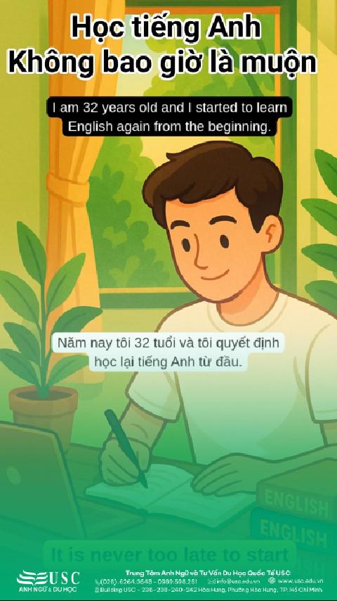 ⏳ HỌC TIẾNG ANH KHÔNG BAO GIỜ LÀ MUỘN Cùng USC luyện nghe và cải thiện tiếng Anh ngay hôm nay nhé! 🎧