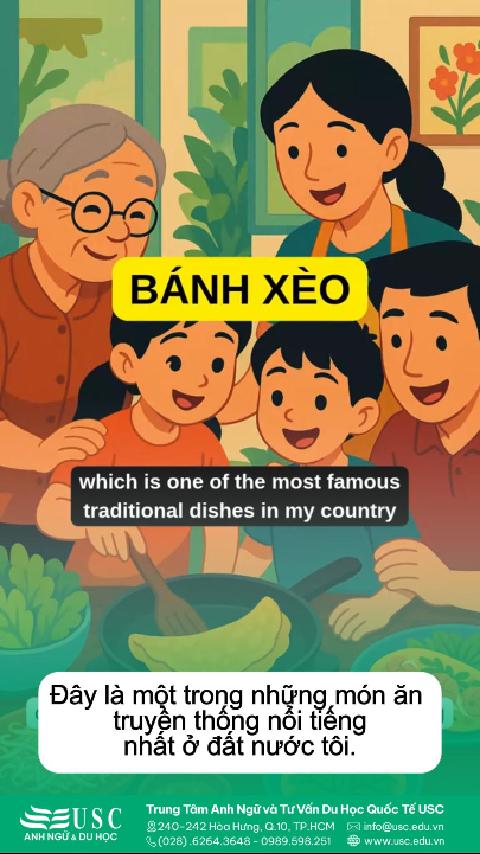 🍳 Món bánh xèo giòn tan, nhân đậm đà tôm thịt và giá đỗ – một biểu tượng ẩm thực Việt Nam đầy hấp dẫn. Cùng USC luyện nghe tiếng Anh và học cách làm món này qua video nhé! ❤️