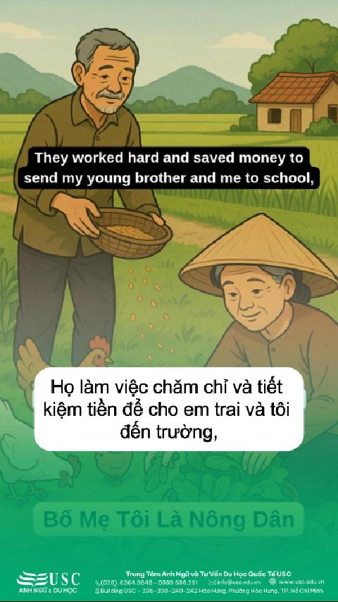 👩‍🌾🌞 Từ đồng ruộng, cha mẹ không chỉ gieo lúa mà còn gieo vào tôi ước mơ vươn xa. Cùng USC luyện nghe tiếng Anh qua chủ đề “Bố mẹ tôi là nông dân” này nhé! 🎧