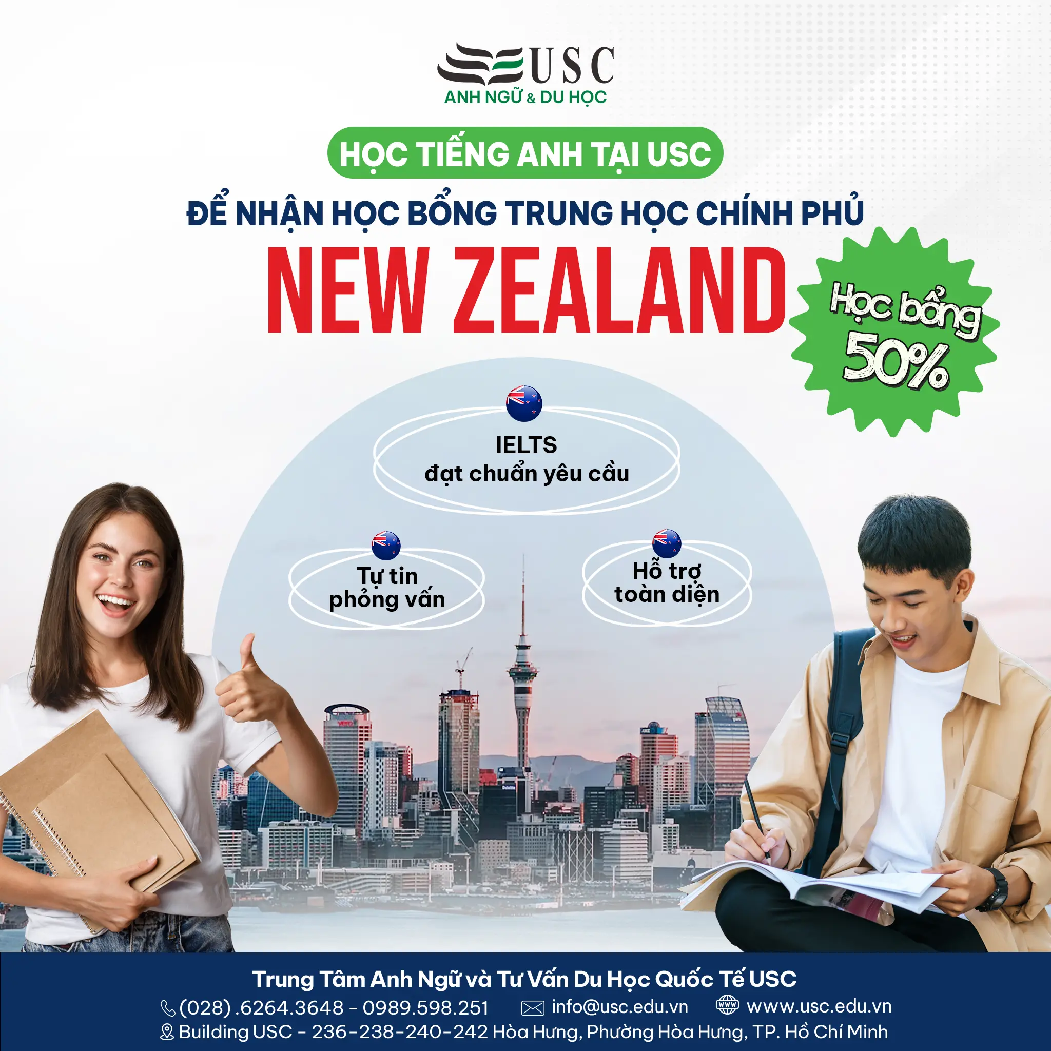 HÃY HỌC TIẾNG ANH TẠI USC ĐỂ NHẬN HỌC BỔNG TRUNG HỌC CHÍNH PHỦ NEW ZEALAND LÊN ĐẾN 50%