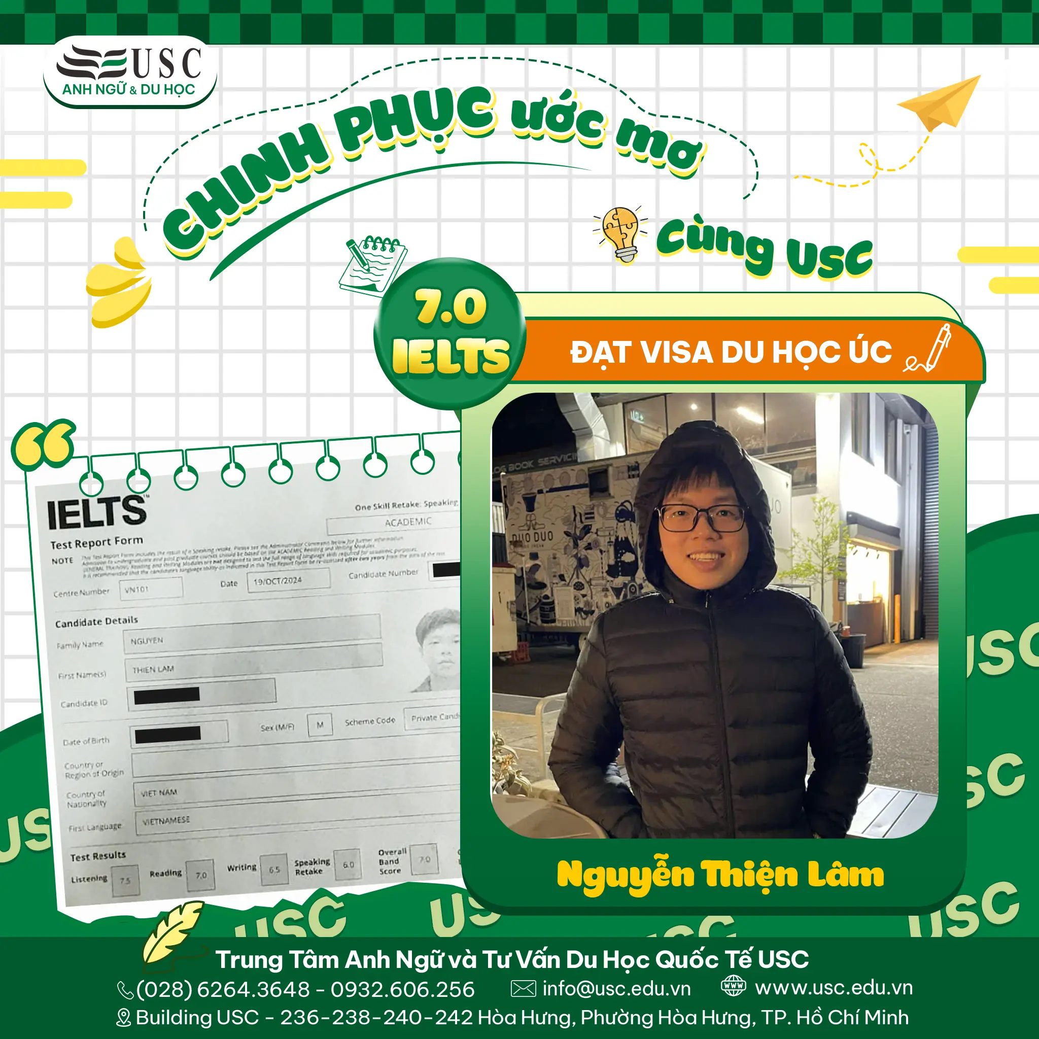 CHÚC MỪNG NGUYỄN THIỆN LÂM ĐẠT IELTS 7.0 VÀ NHẬN HỌC BỔNG 30% TỪ UNIVERSITY OF WOLLONGONG