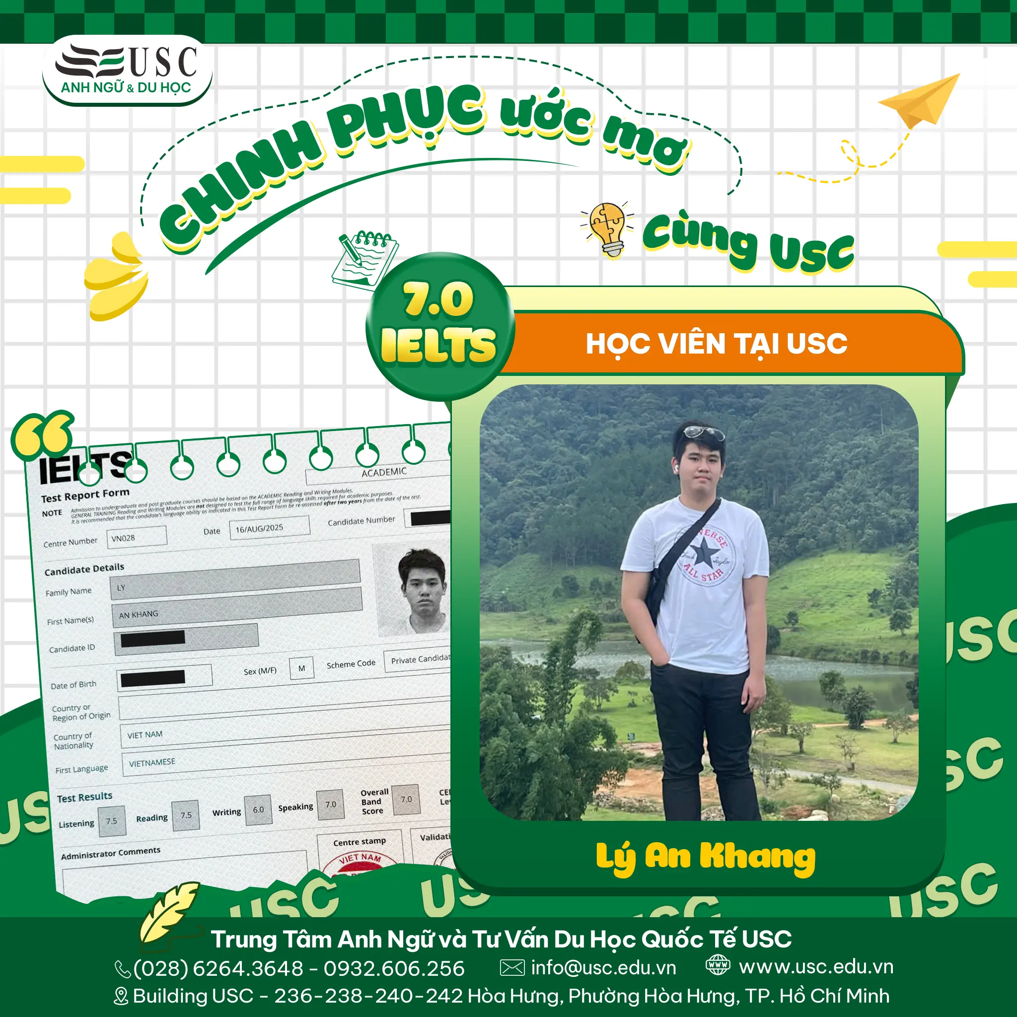CHÚC MỪNG LÝ AN KHANG CHINH PHỤC 7.0 IELTS – CÁNH CỬA RỘNG MỞ ĐẾN GIẤC MƠ MỸ