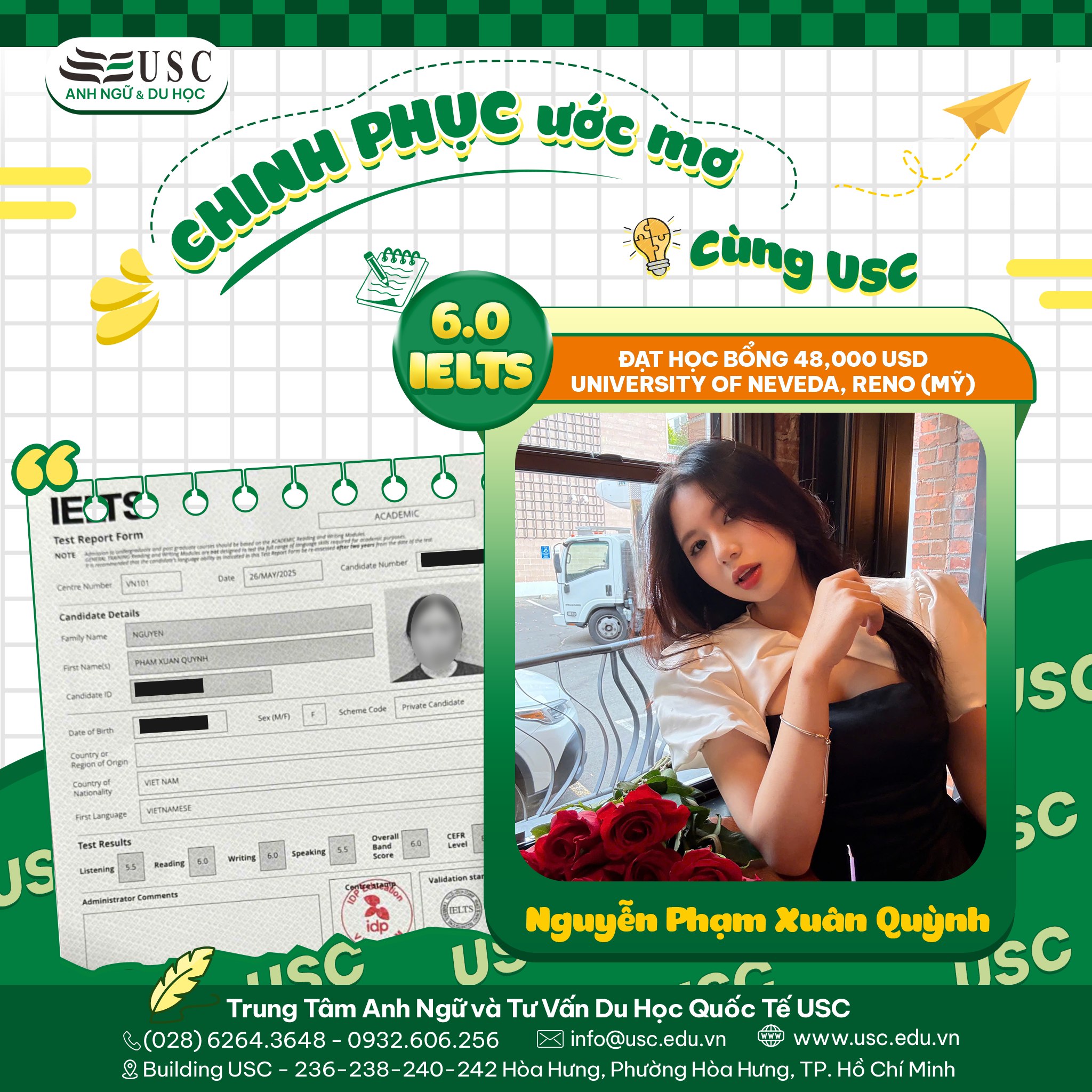 CHÚC MỪNG NGUYỄN PHẠM XUÂN QUỲNH CHINH PHỤC VISA DU HỌC MỸ & HỌC BỔNG 48,000 USD TẠI UNIVERSITY OF NEVADA, RENO