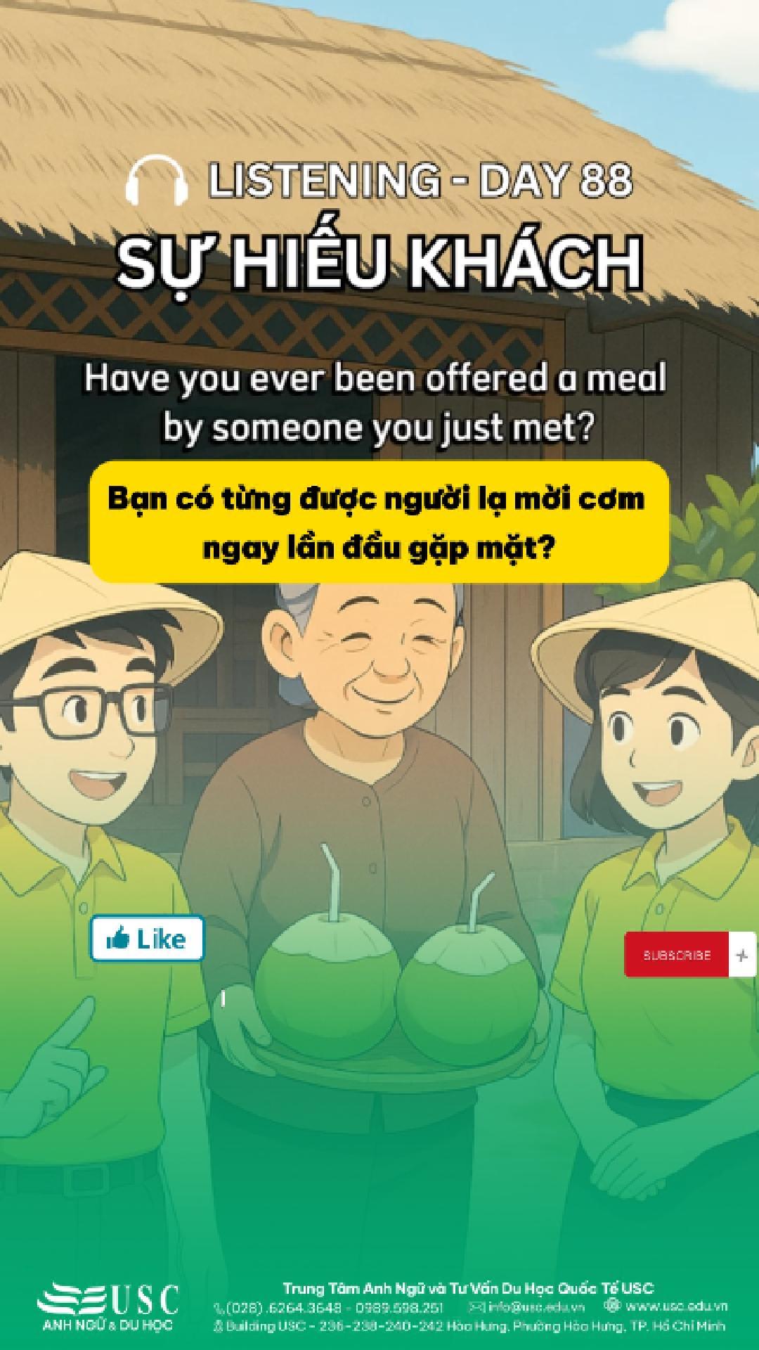 Ở miền Nam, chỉ cần một bữa cơm là đủ thành người quen – đây là nét đẹp khiến mình tự hào về quê hương miền Nam đến vậy! 🥰 👉 Luyện nghe tiếng Anh cùng USC và cảm nhận văn hóa Việt Nam qua từng câu chuyện nhỏ.