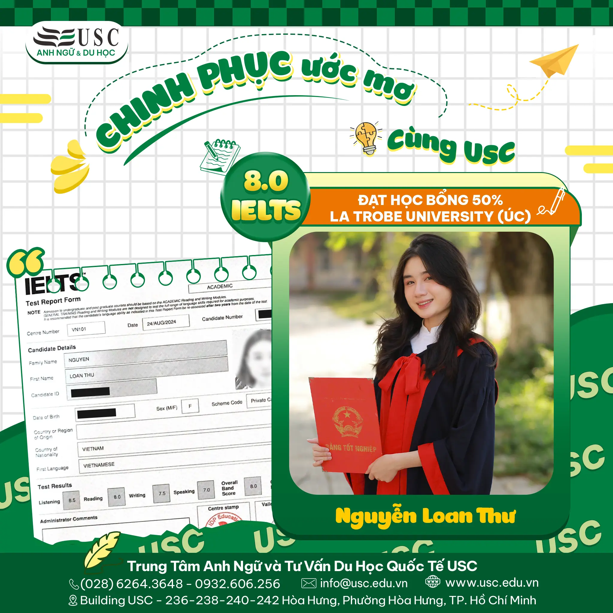 CHÚC MỪNG NGUYỄN LOAN THƯ ĐẠT IELTS 8.0 & HỌC BỔNG 50% TỪ LA TROBE UNIVERSITY!
