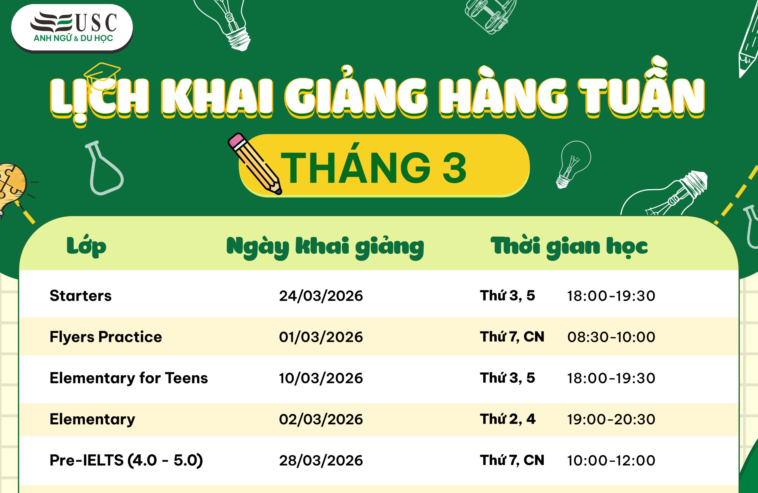 LỊCH KHAI GIẢNG KHÓA HỌC TIẾNG ANH THÁNG 03/2026