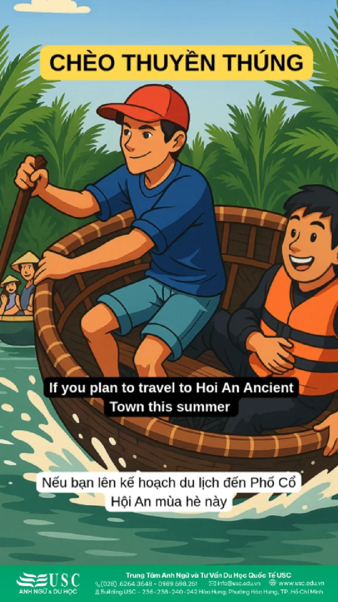 🌴 Không phải phố cổ, rừng dừa Bảy Mẫu mới là nơi cho bạn thấy một Hội An rất khác. Chèo thuyền thúng, xem “múa thúng” và cảm nhận không khí sông nước đúng nghĩa.  👉 Xem video để vừa luyện nghe tiếng Anh vừa khám phá Hội An! 🎧