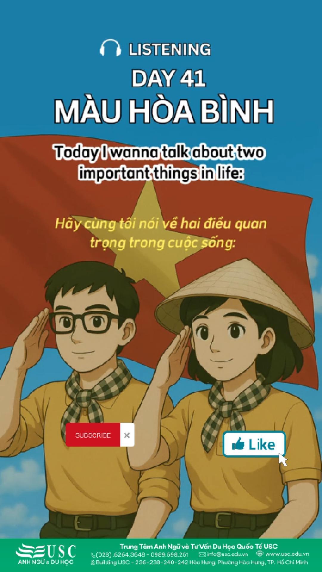 🇻🇳 30/4 – ngày chiến tranh kết thúc, mở ra cuộc sống bình thường cho hàng triệu người Việt. Đi học, đi làm, gặp gỡ… đều bắt đầu từ cột mốc này. 🎧 Cùng USC luyện nghe tiếng Anh qua câu chuyện về ngày Thống Nhất.