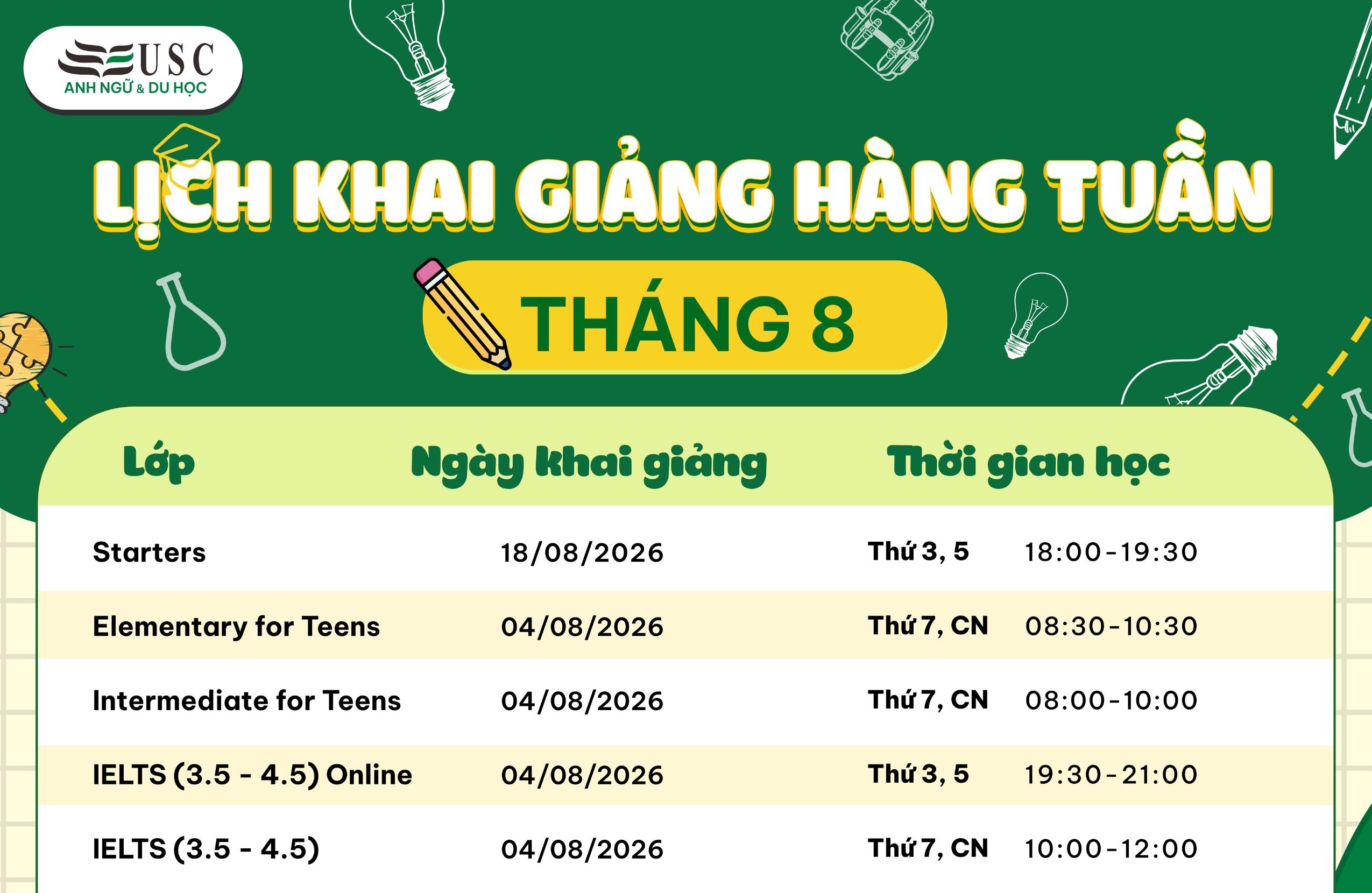 LỊCH KHAI GIẢNG KHÓA HỌC TIẾNG ANH THÁNG 08/2026