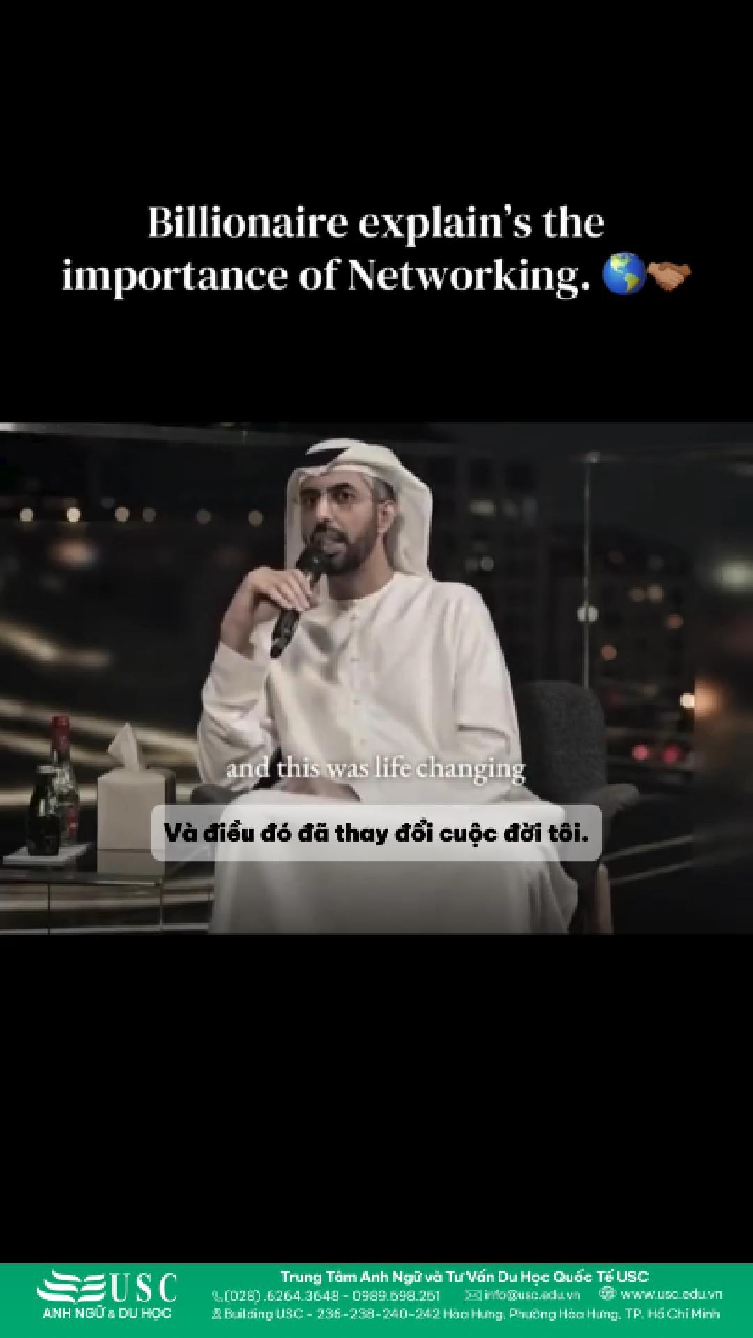 Tỷ phú Omar Sultan Al Olama từng được hỏi: “Tiền bạc, tri thức hay mối quan hệ — điều gì quan trọng hơn?” 🎧 Cùng USC luyện nghe tiếng Anh để nghe câu trả lời có thể khiến bạn nhìn Networking theo một cách hoàn toàn khác.