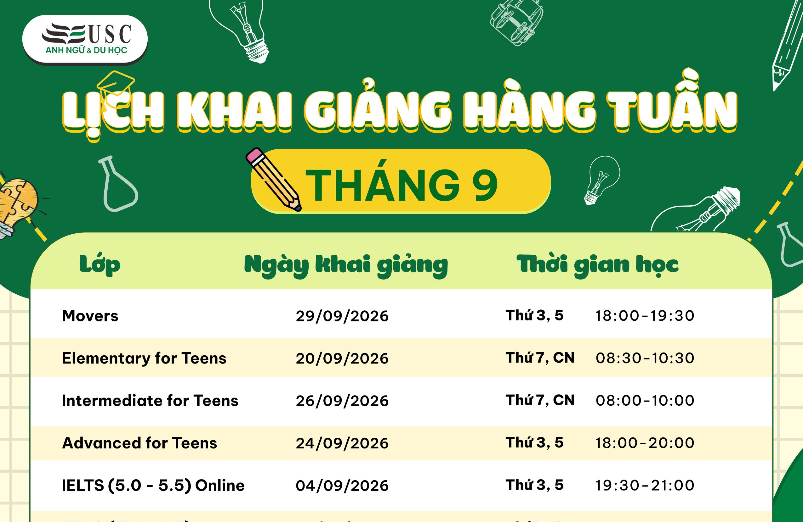 LỊCH KHAI GIẢNG KHÓA HỌC TIẾNG ANH THÁNG 09/2026