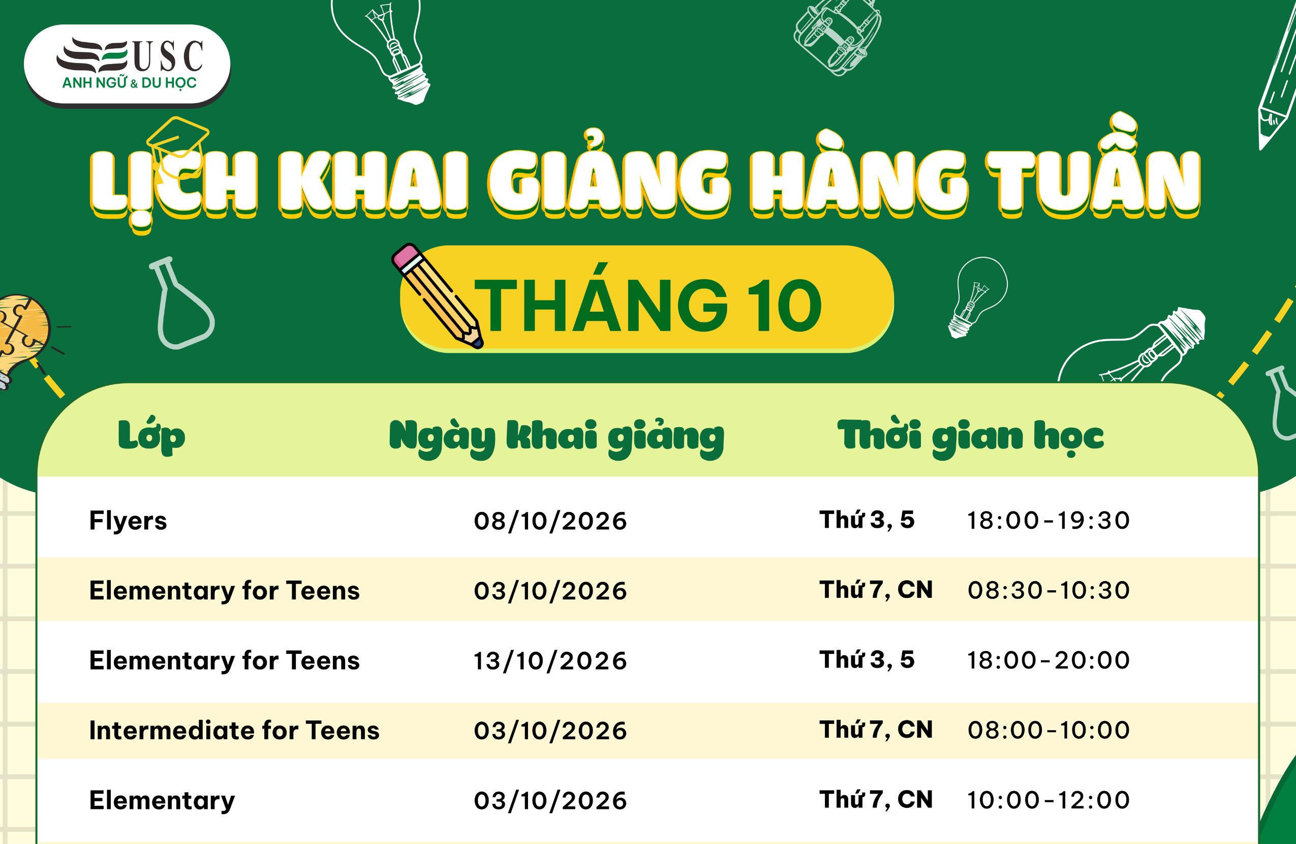 LỊCH KHAI GIẢNG KHÓA HỌC TIẾNG ANH THÁNG 10/2026